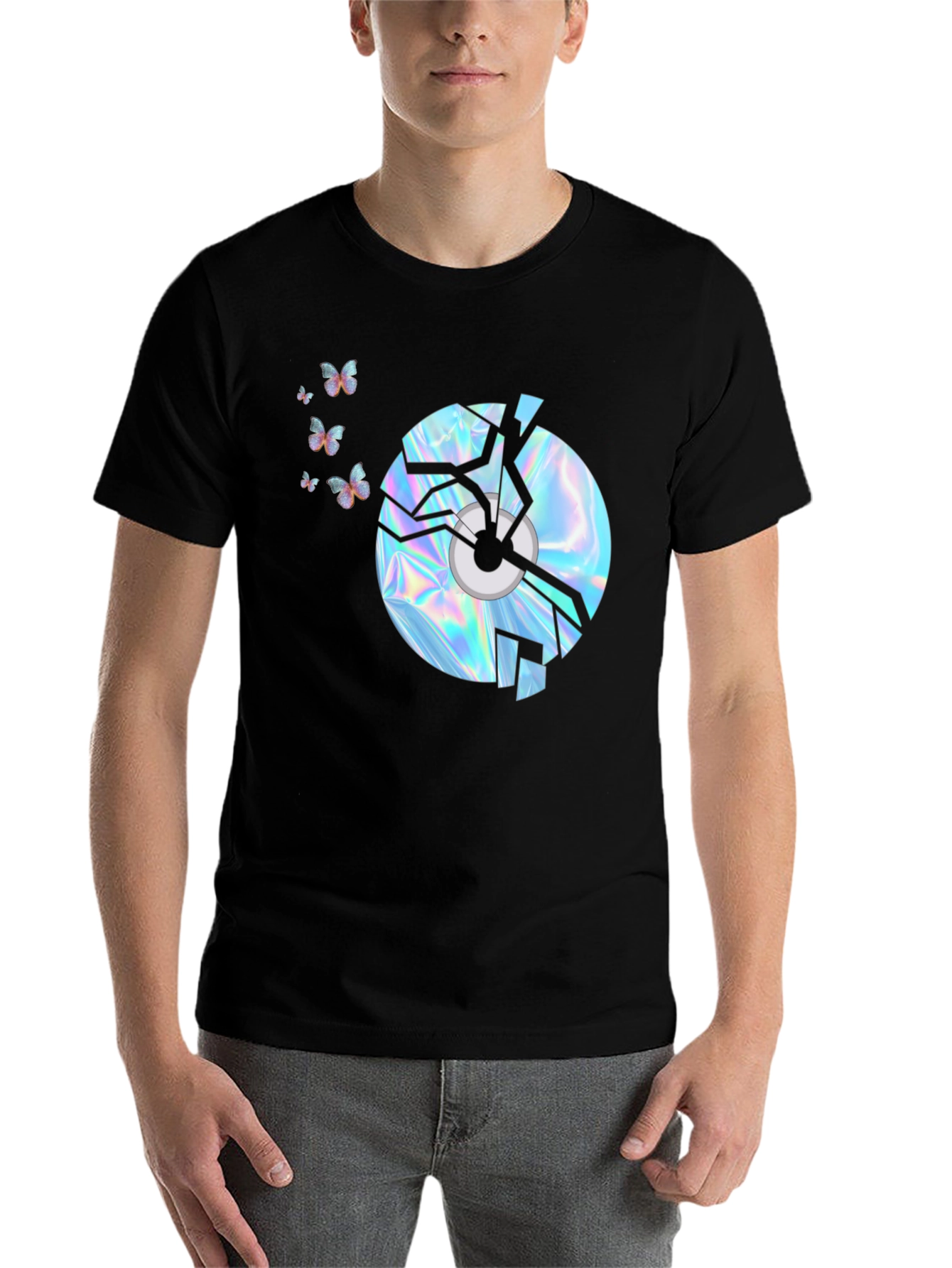 Black Broken CD Graphic Tee - Holographic Butterflies Design view 7