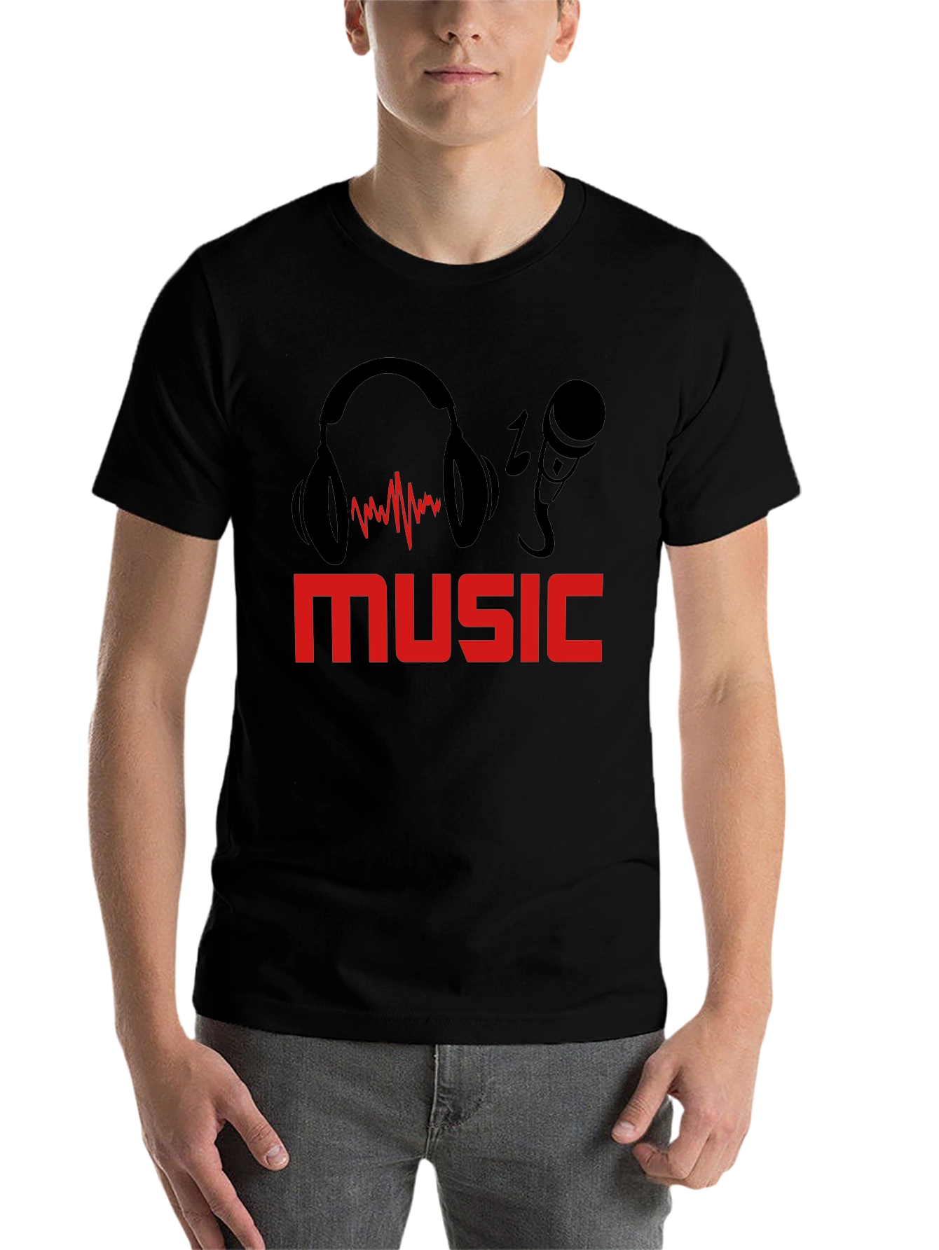 Black Music Lover's T-Shirt: Headphones & Mic Graphic Tee view 7
