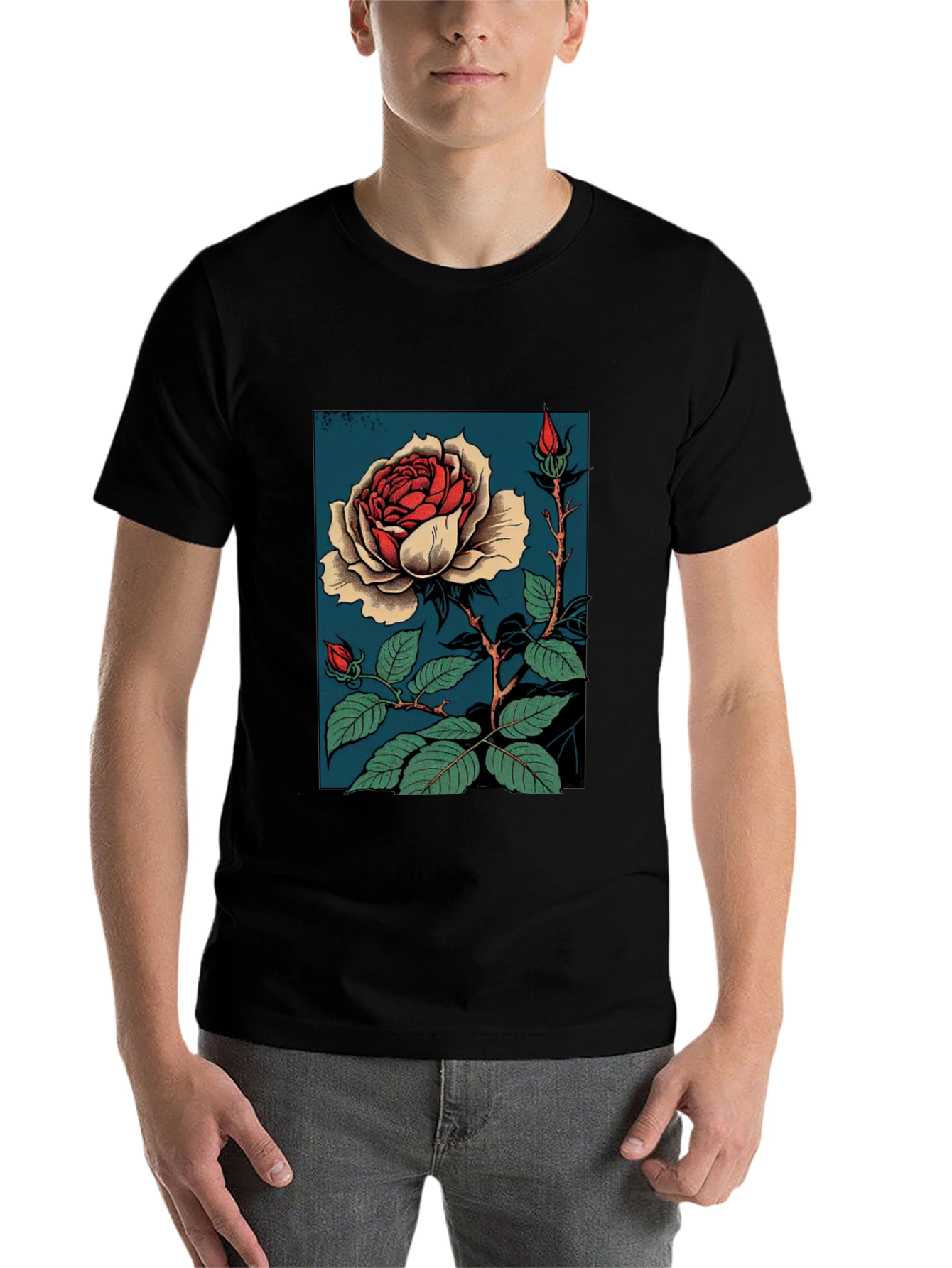 Black Elegant Rose Graphic T-Shirt - Black view 7