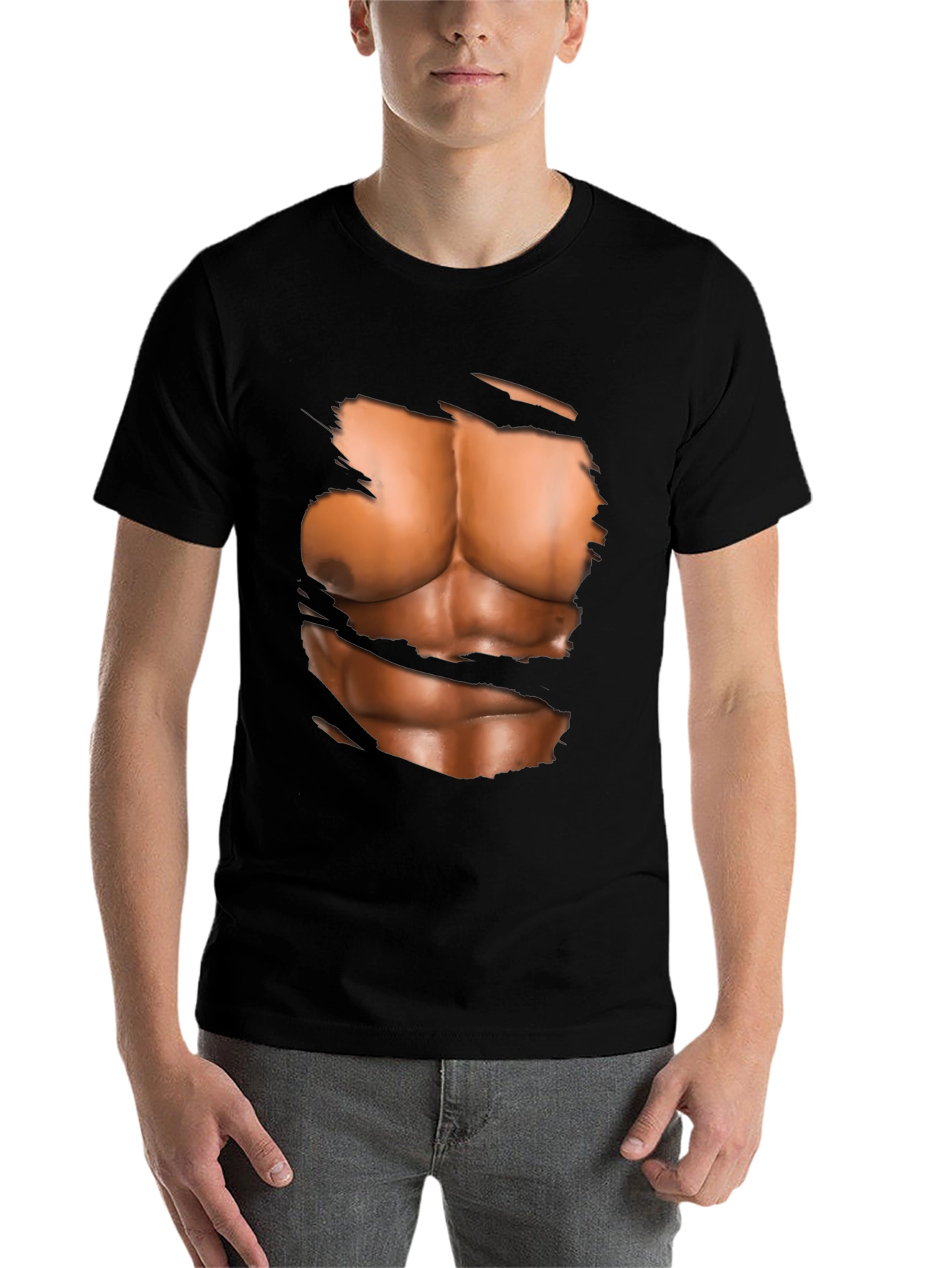 Black Ripped Abs Graphic T-Shirt - Novelty Muscle Design view 7