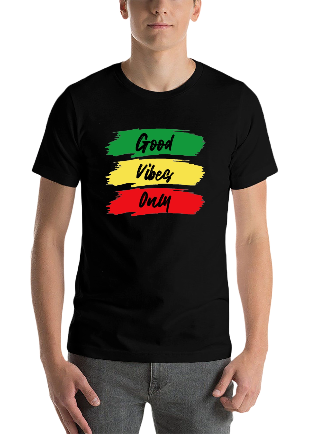 Black Good Vibes Only T-Shirt - Rasta Colors - Black Cotton view 7