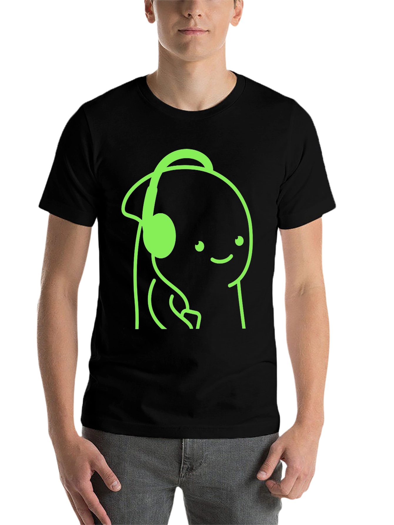 Black Cartoon Headphone Graphic Tee - Casual Style view 7
