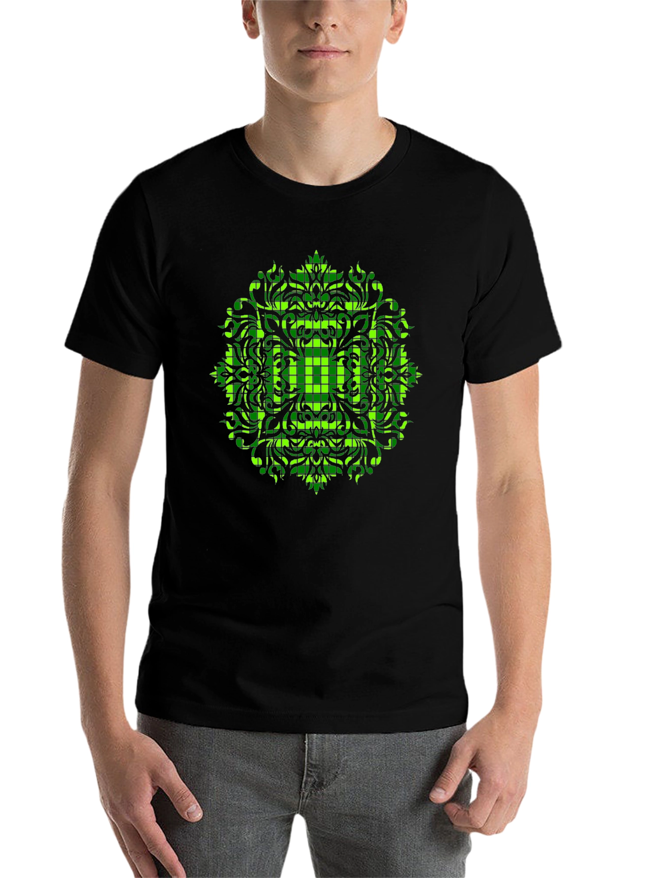 Black Geometric Green Mandala Graphic Black T-Shirt view 7