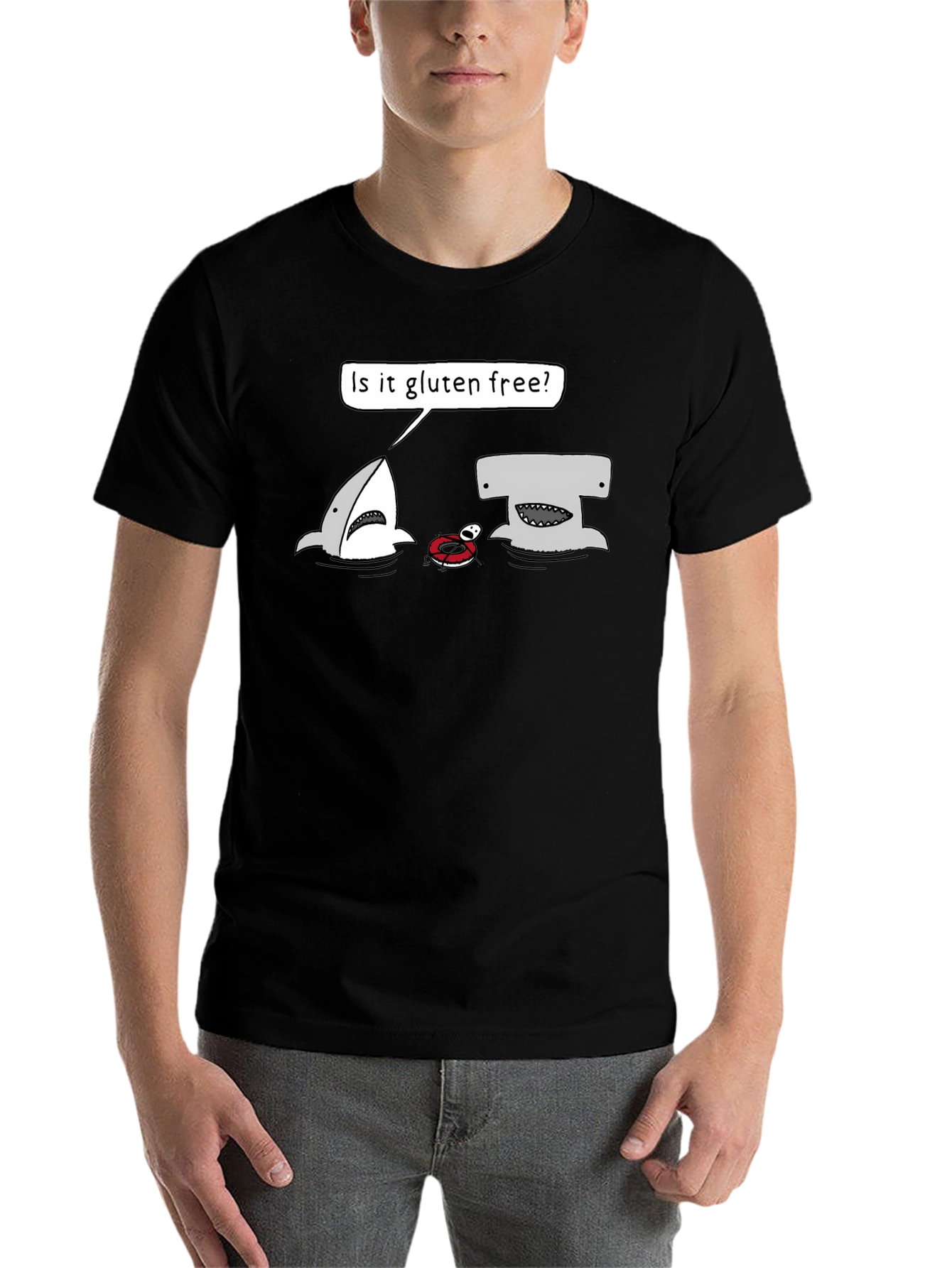 Black Gluten-Free Shark Graphic Tee - Humor T-Shirt view 7