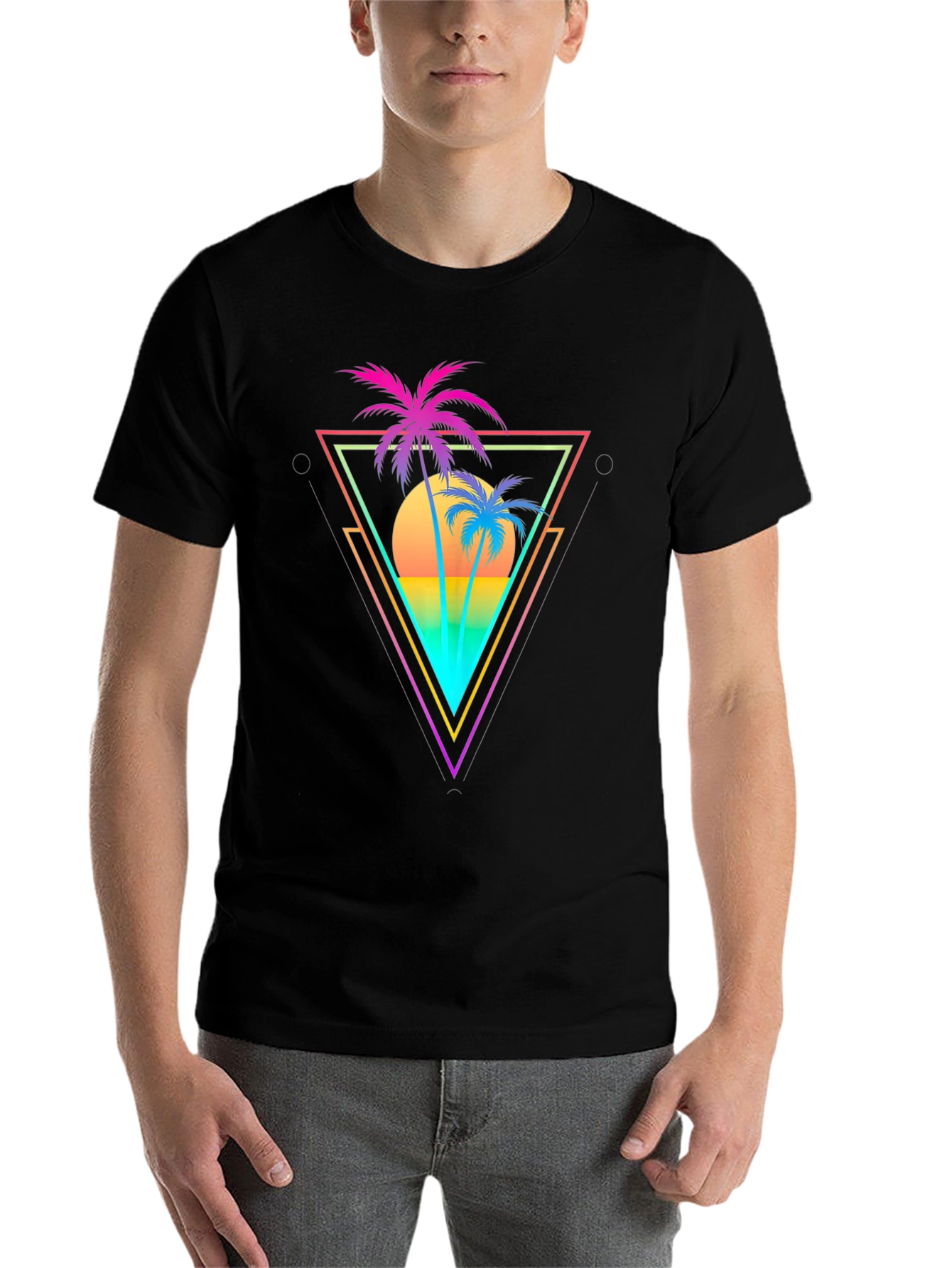 Black Retro Palm Tree Triangle Graphic T-Shirt view 7