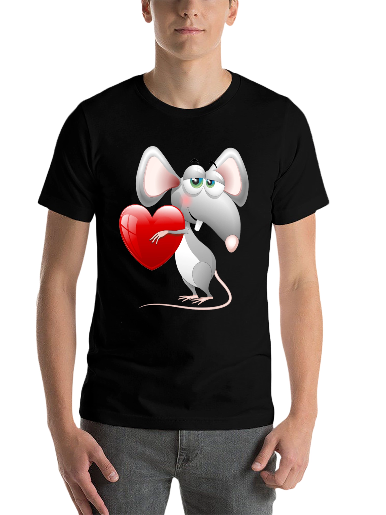 Black Cute Mouse with Heart Graphic Tee - Black view 7