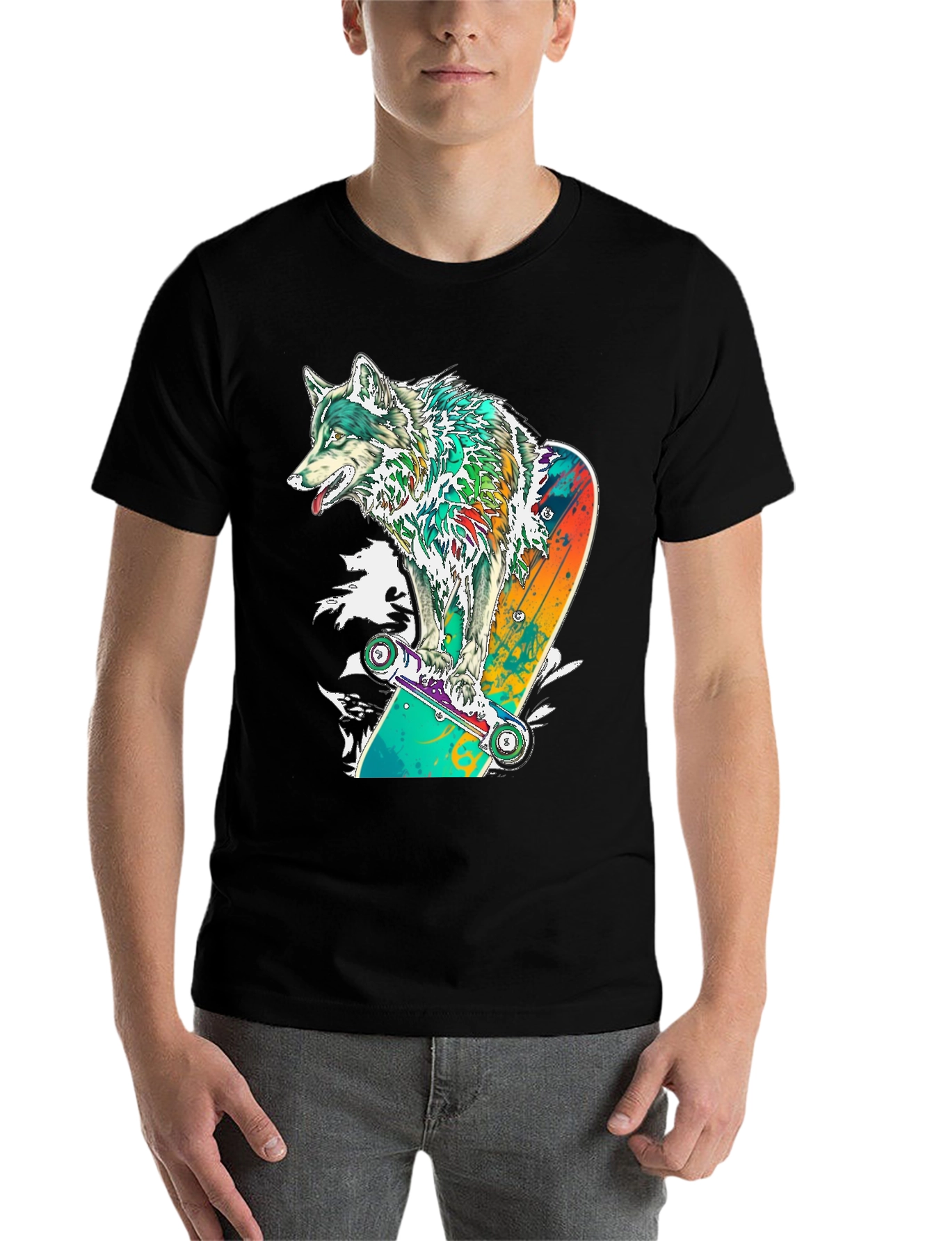 Black Wolf Skateboard Graphic T-Shirt - Cool Animal Tee view 7