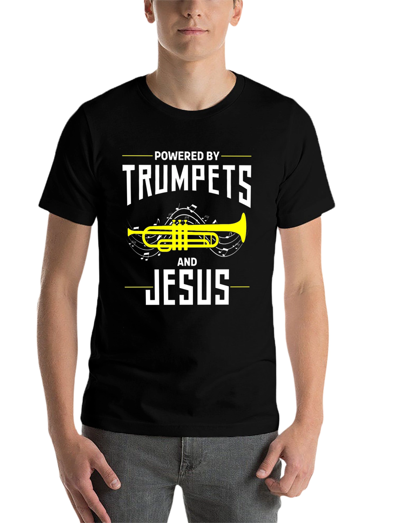Black Powered By Trumpets and Jesus T-Shirt view 7