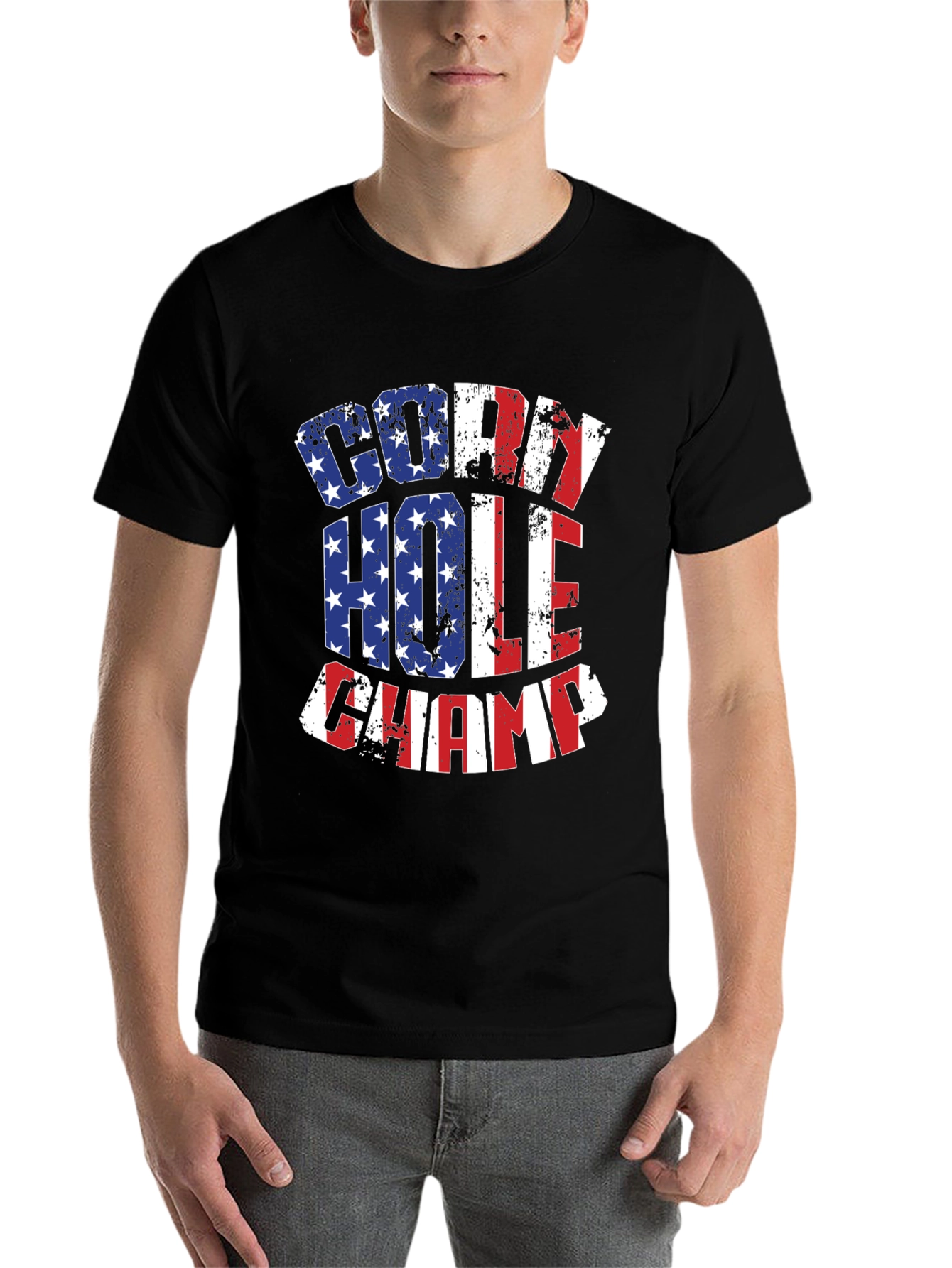 Black Cornhole Champ USA Flag T-Shirt view 7
