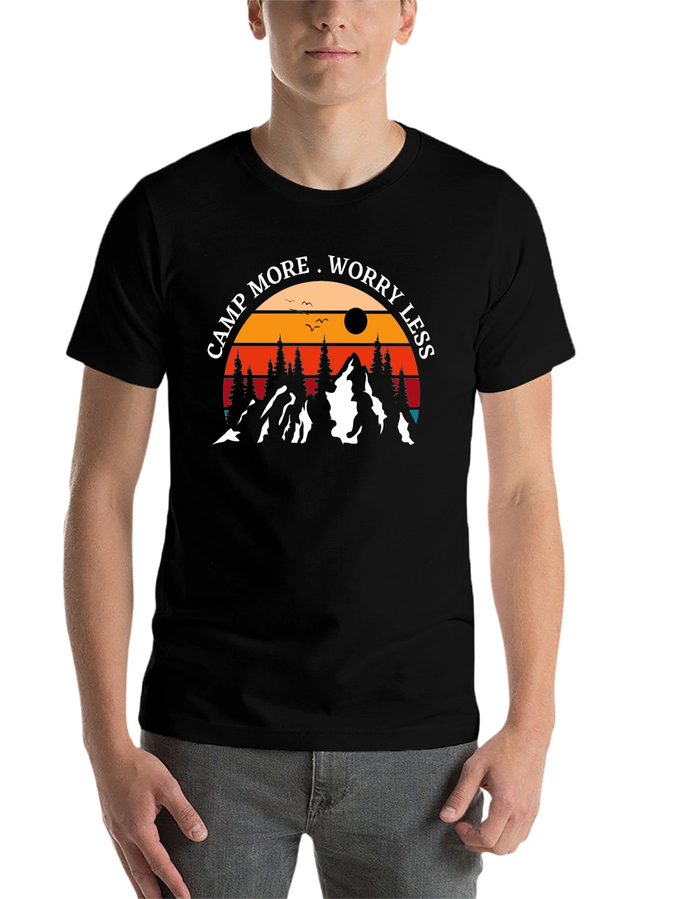Black Camp More Worry Less Graphic Tee - Nature Adventure T-Shirt view 7