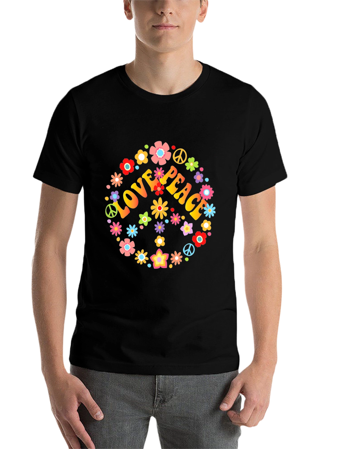 Black Love Peace Floral T-Shirt - Retro Hippie Style view 7