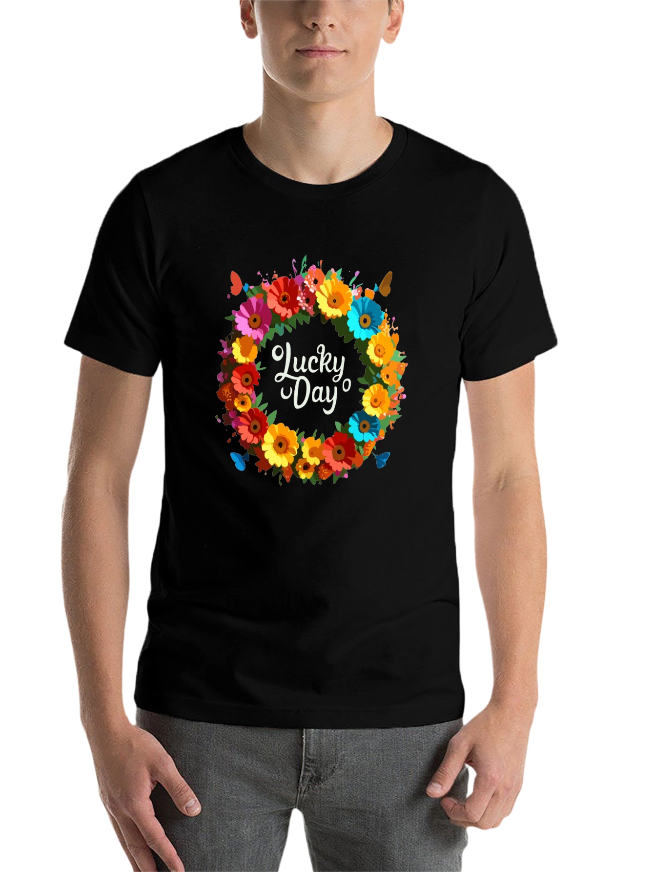 Black Lucky Day Floral Wreath Graphic Tee view 7