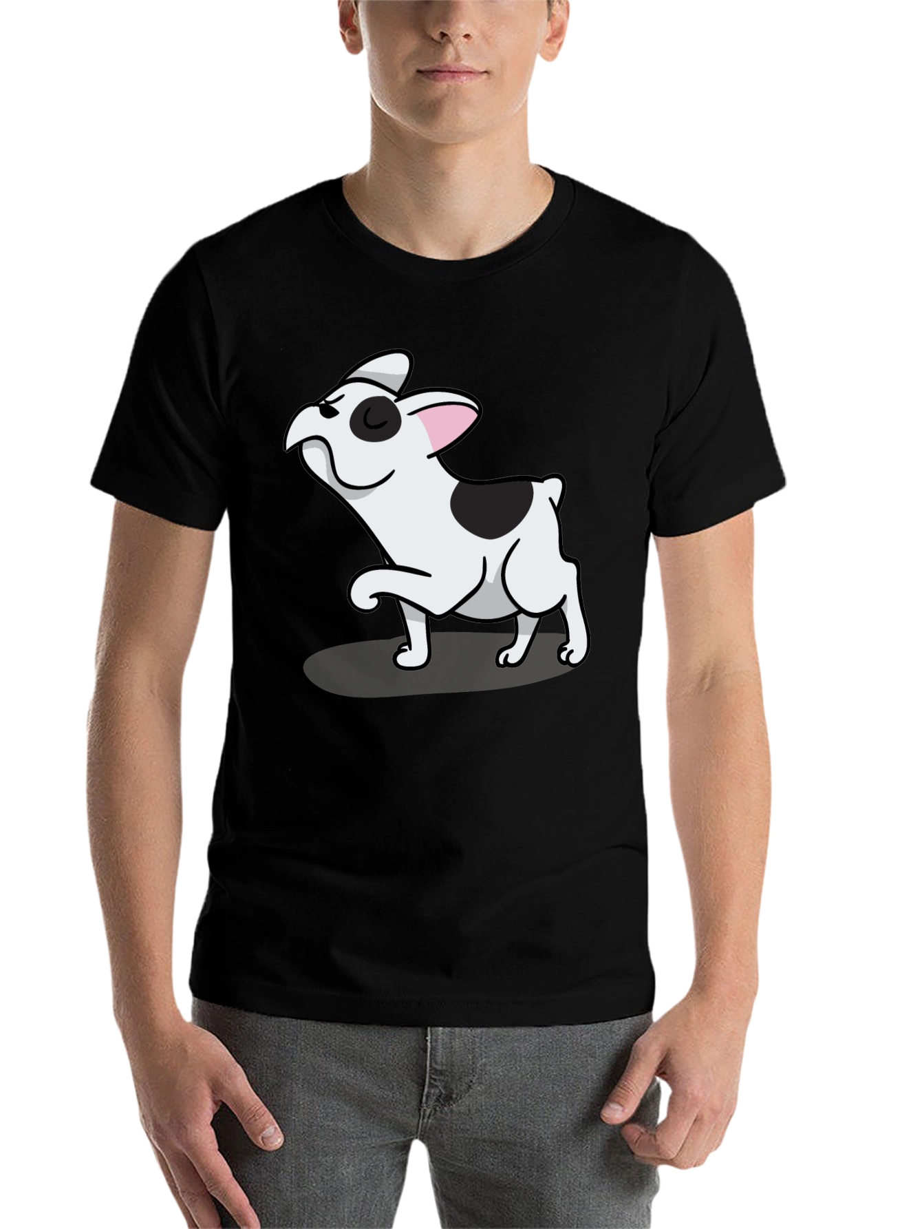 Black Black Tee with Cute Cartoon French Bulldog Design view 7