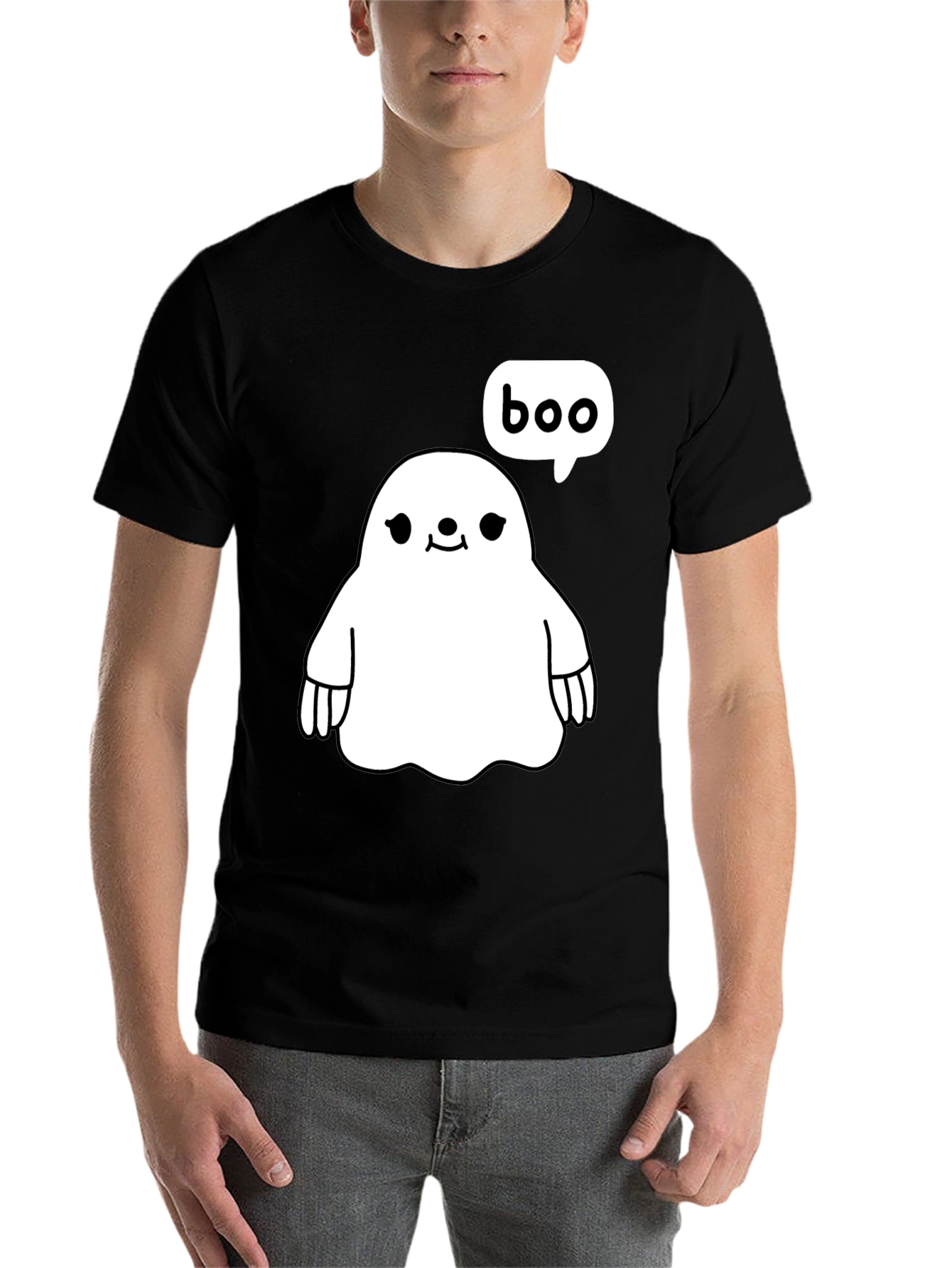 Black Cute Ghost Boo Halloween Black T-Shirt view 7