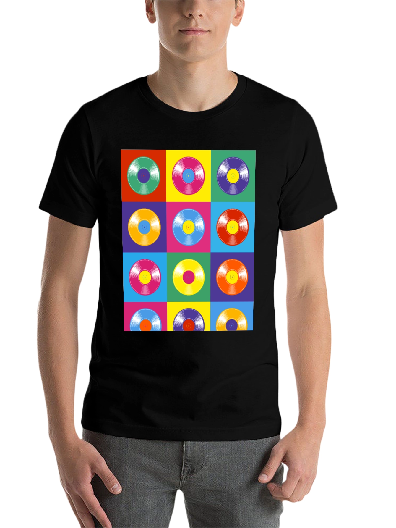 Black Retro Vinyl Record Pop Art T-Shirt view 7