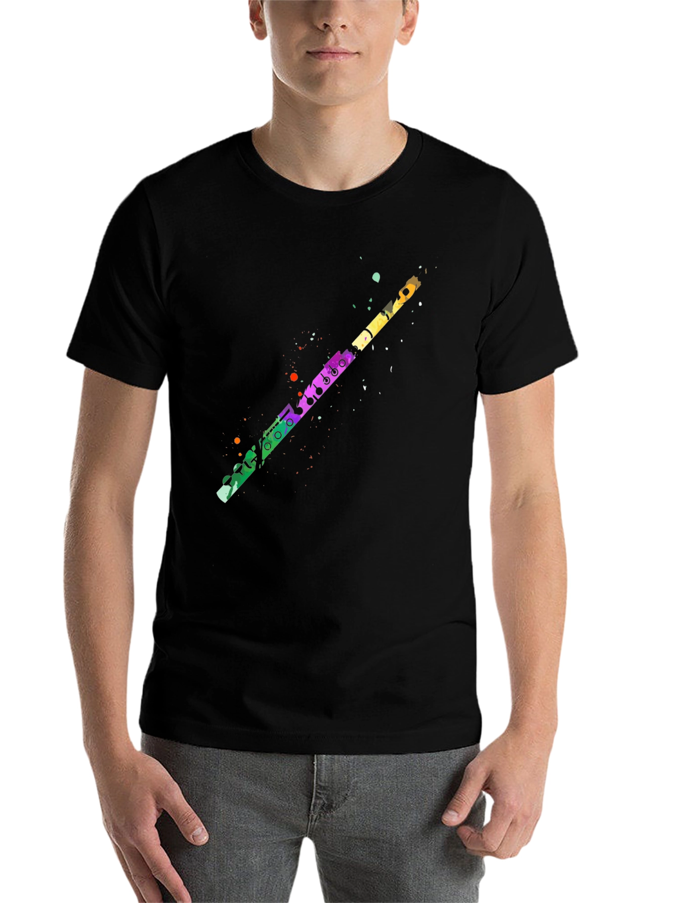 Black Colorful Flute Graphic Tee - Unisex Black T-Shirt view 7