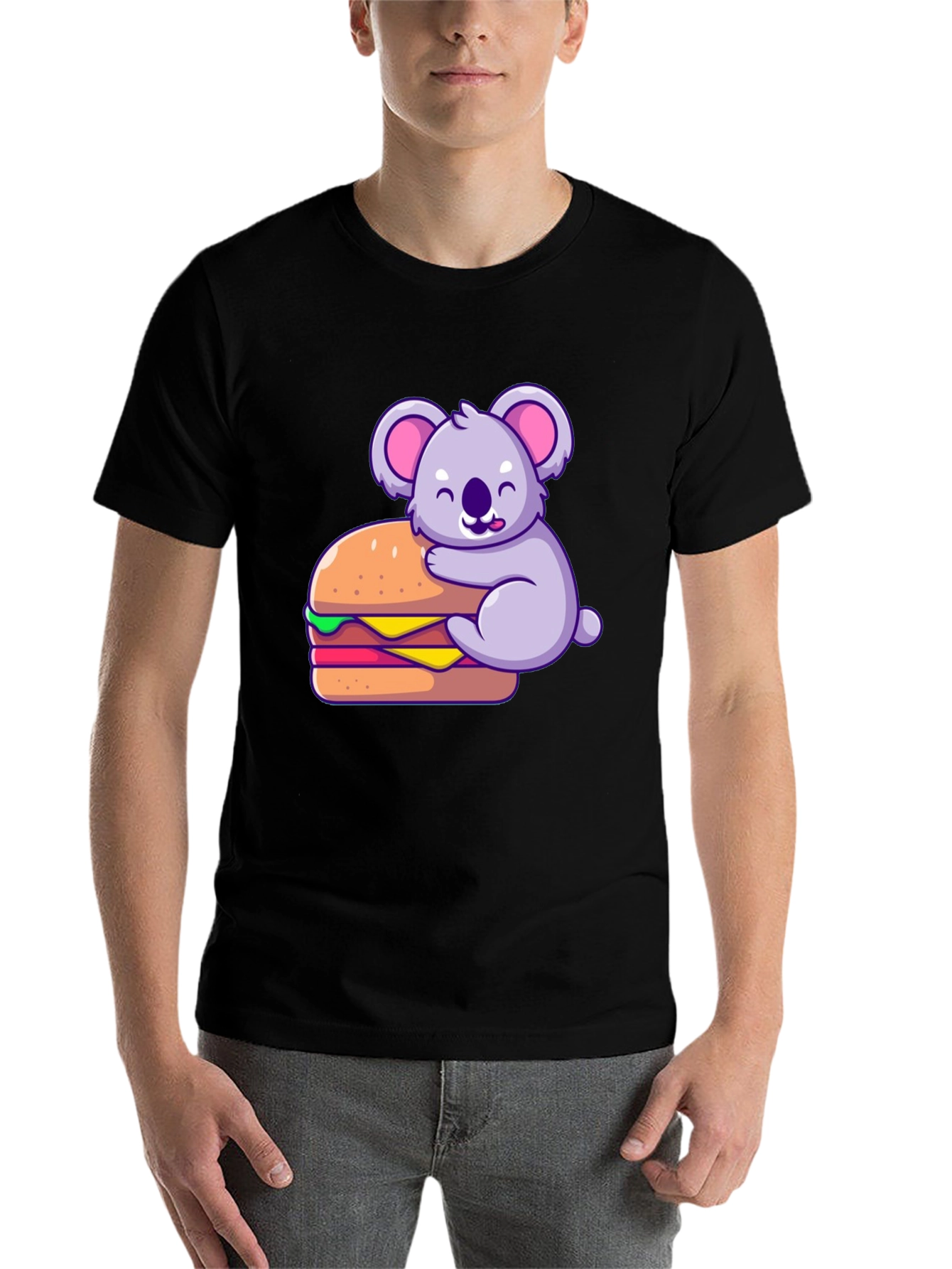 Black Koala Hugging Burger Graphic T-Shirt - Black view 7