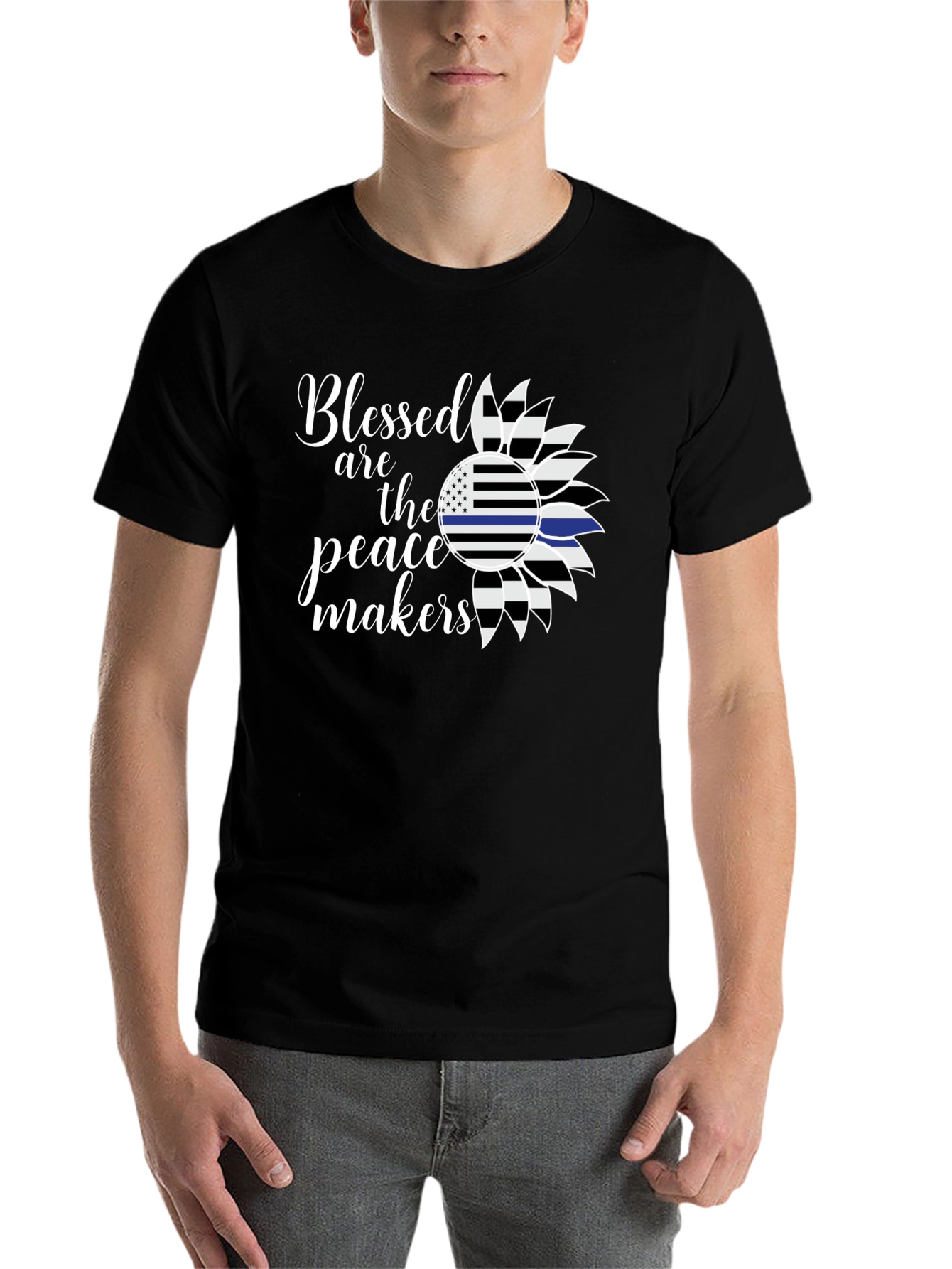 Black Blessed Peacemakers T-Shirt - Thin Blue Line Sunflower view 7