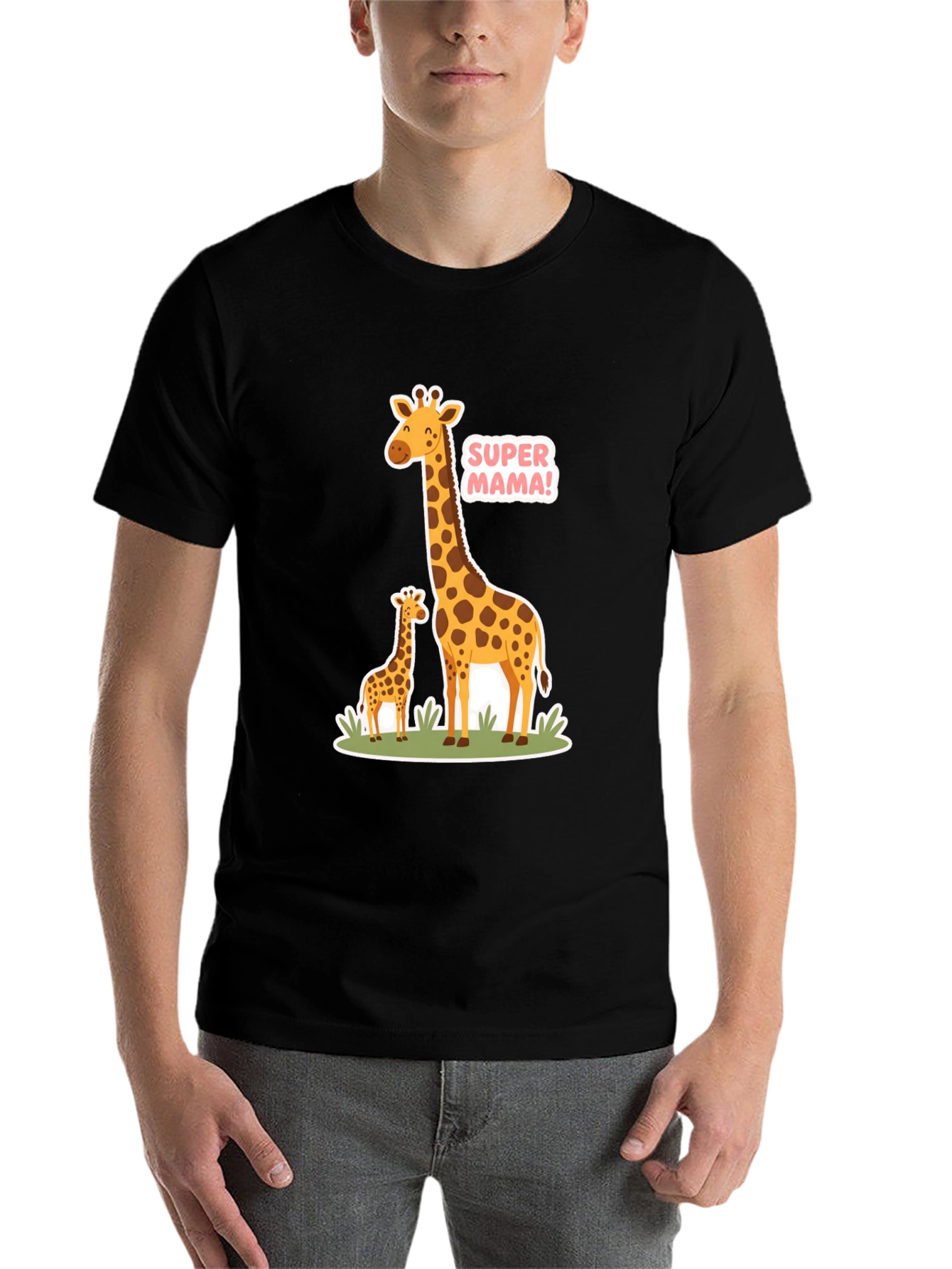 Black Super Mama Giraffe T-Shirt - Black Cotton Tee view 7