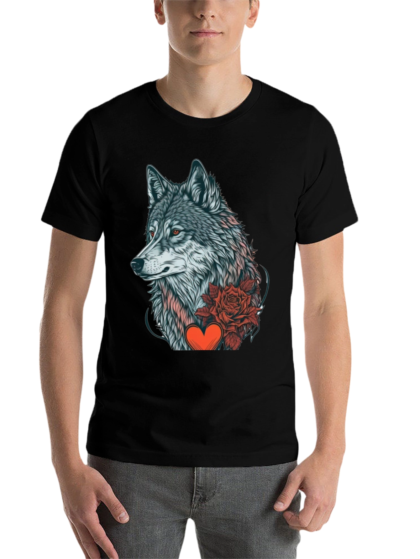 Black Wolf Rose Heart Graphic Black T-Shirt view 7