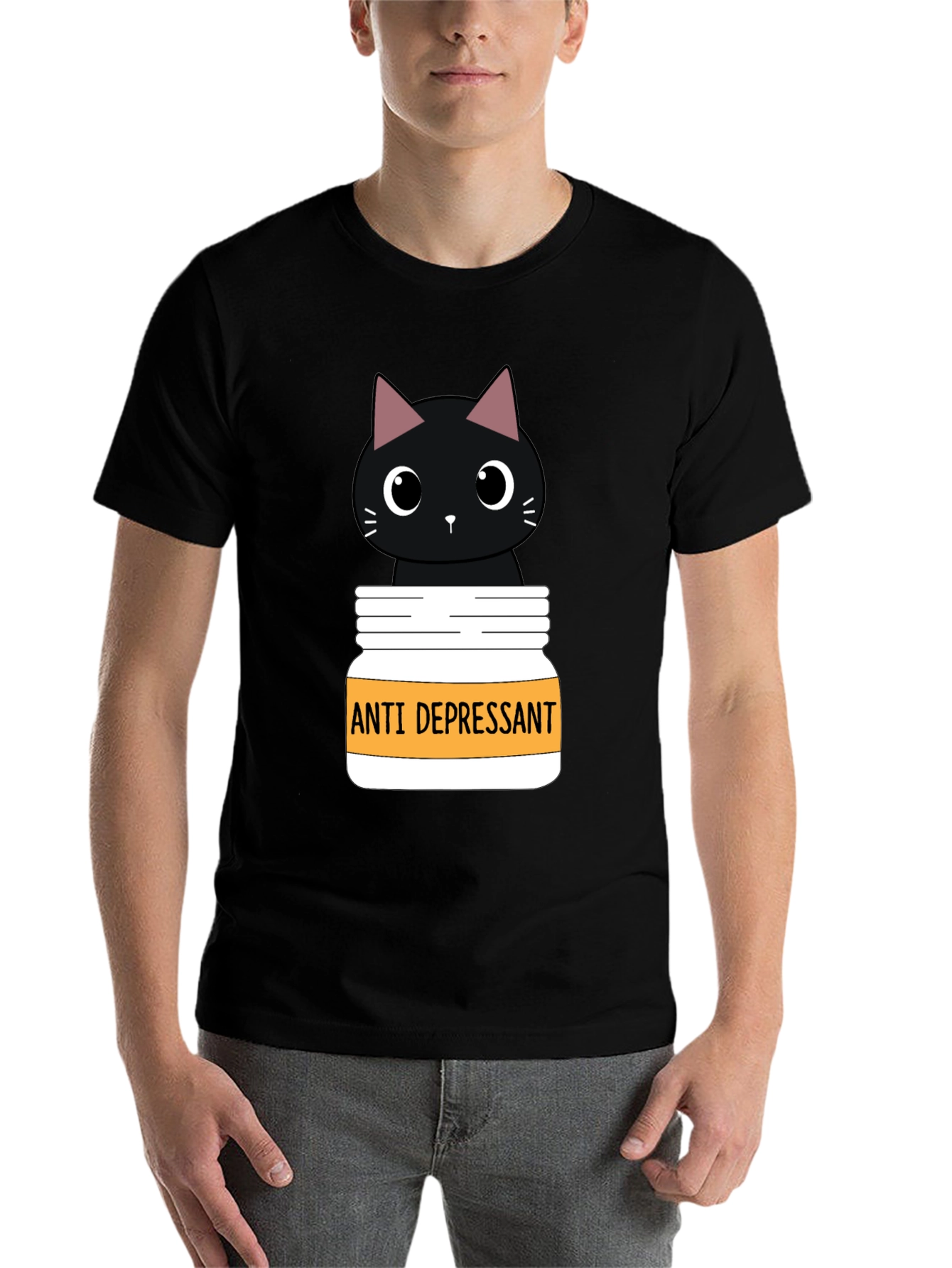 Black Anti Depressant Cat T-Shirt, Funny Graphic Tee view 7