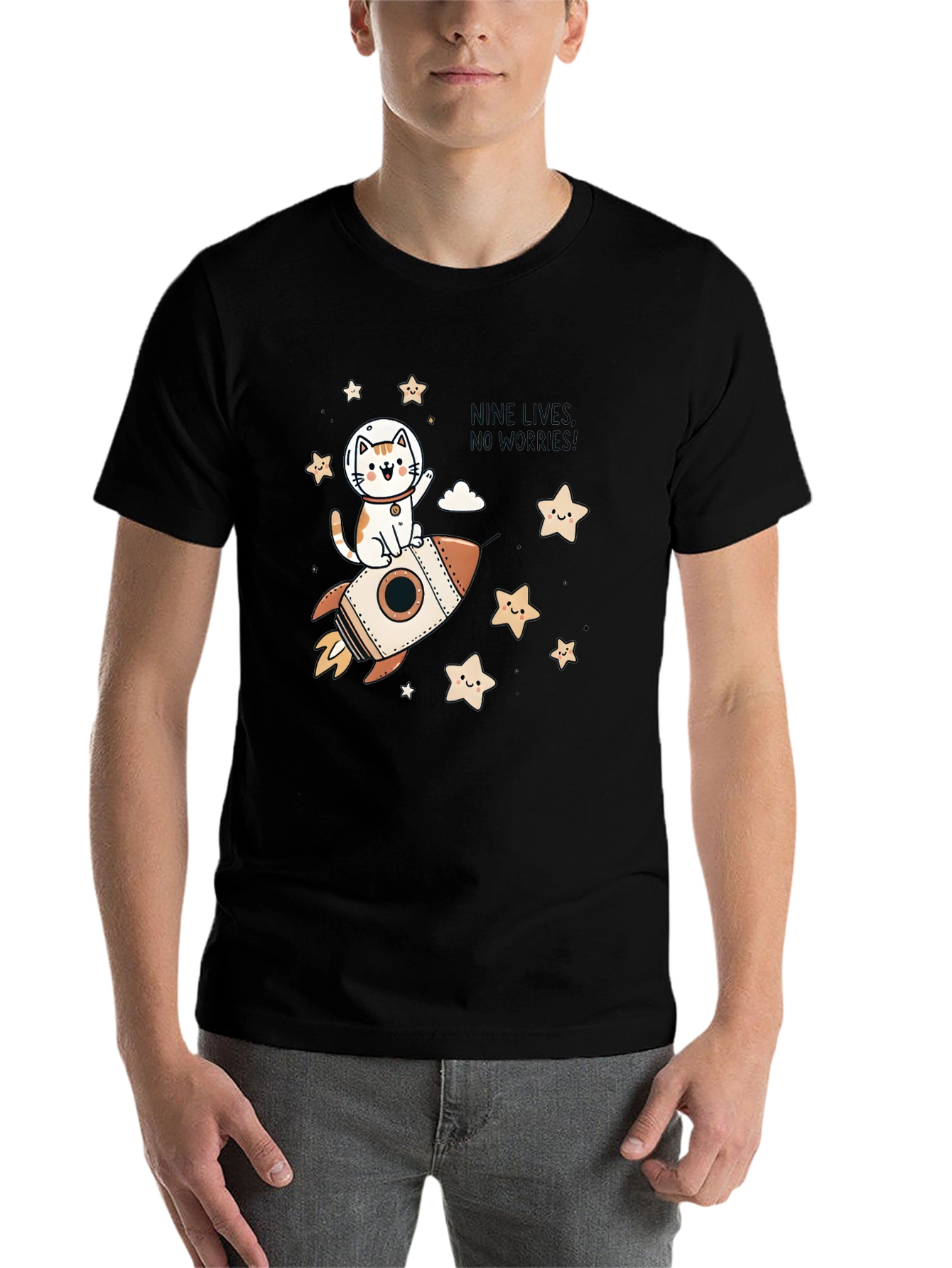 Black Cosmic Cat T-Shirt: Nine Lives, No Worries! view 7
