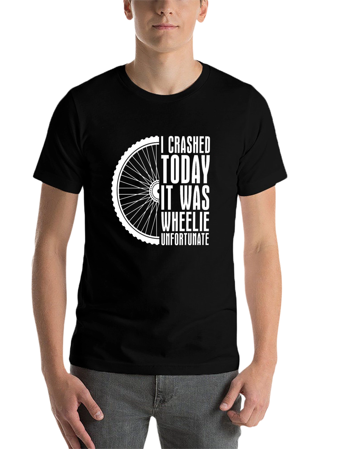 Black Crashed Today Wheelie Unfortunate Funny Bike T-Shirt view 7