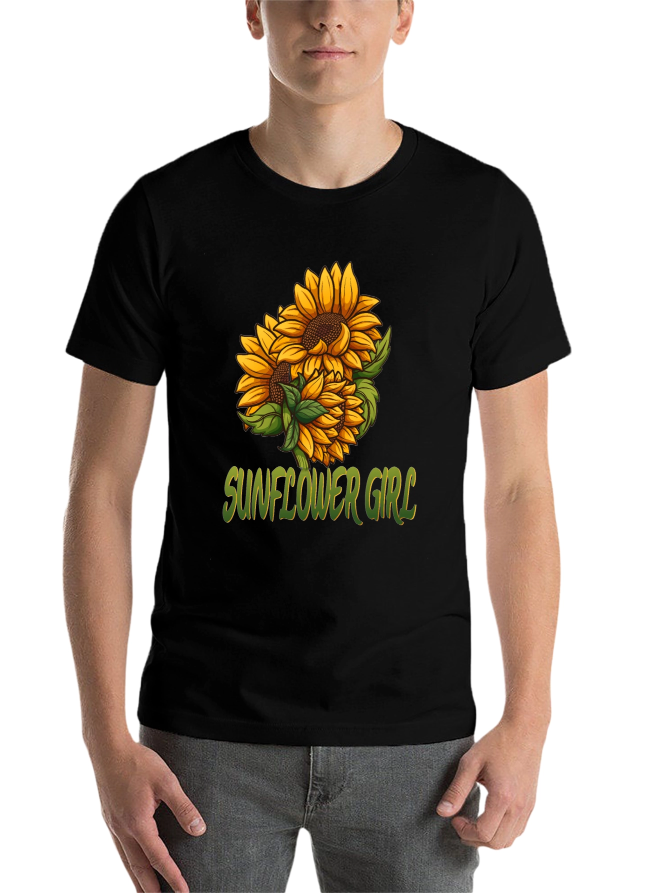 Sunflower Girl Graphic Tee - Black Cotton Casual T-Shirt - 7