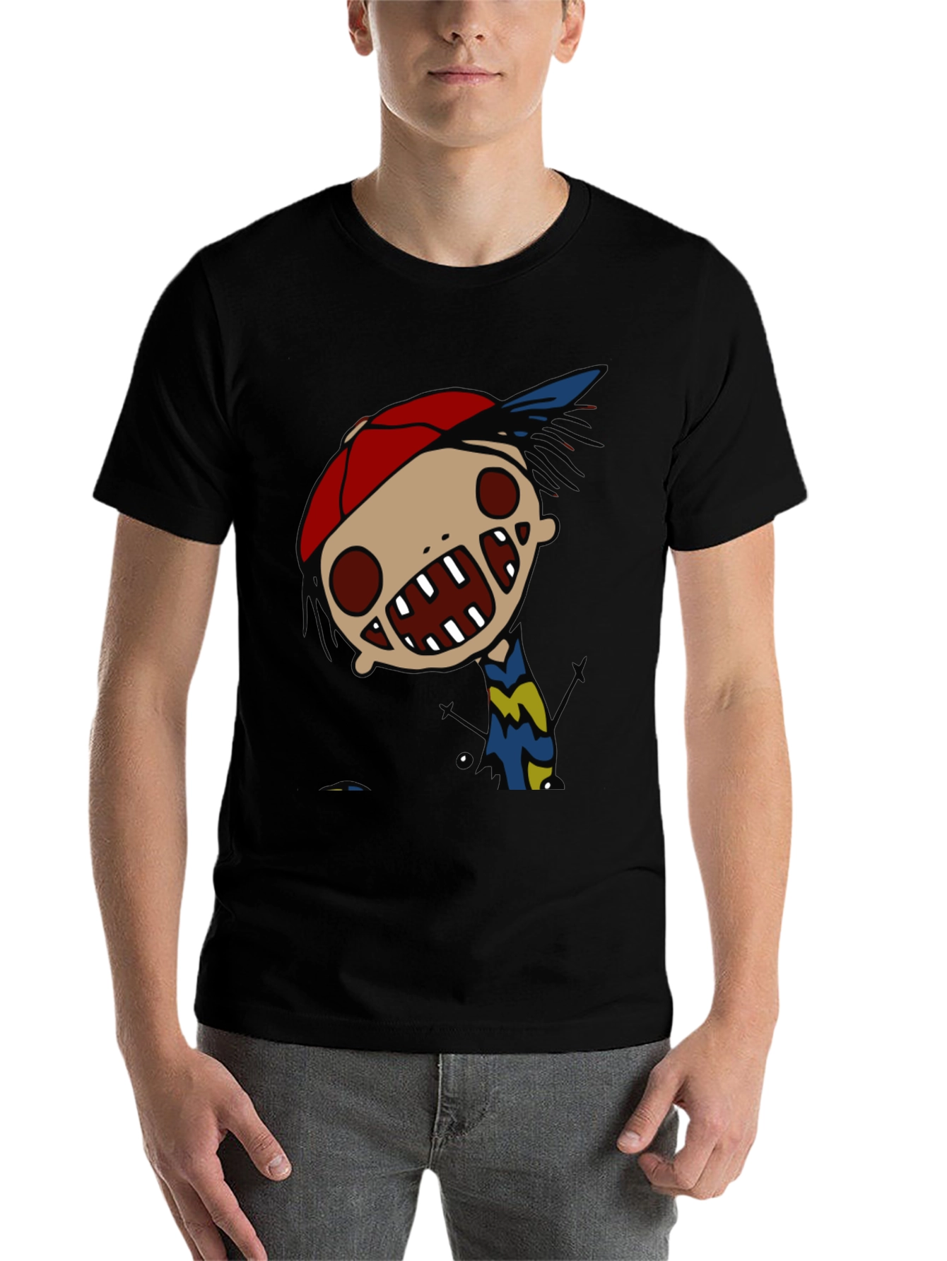 Black Cartoon Character Graphic Tee - Quirky Black T-Shirt view 7