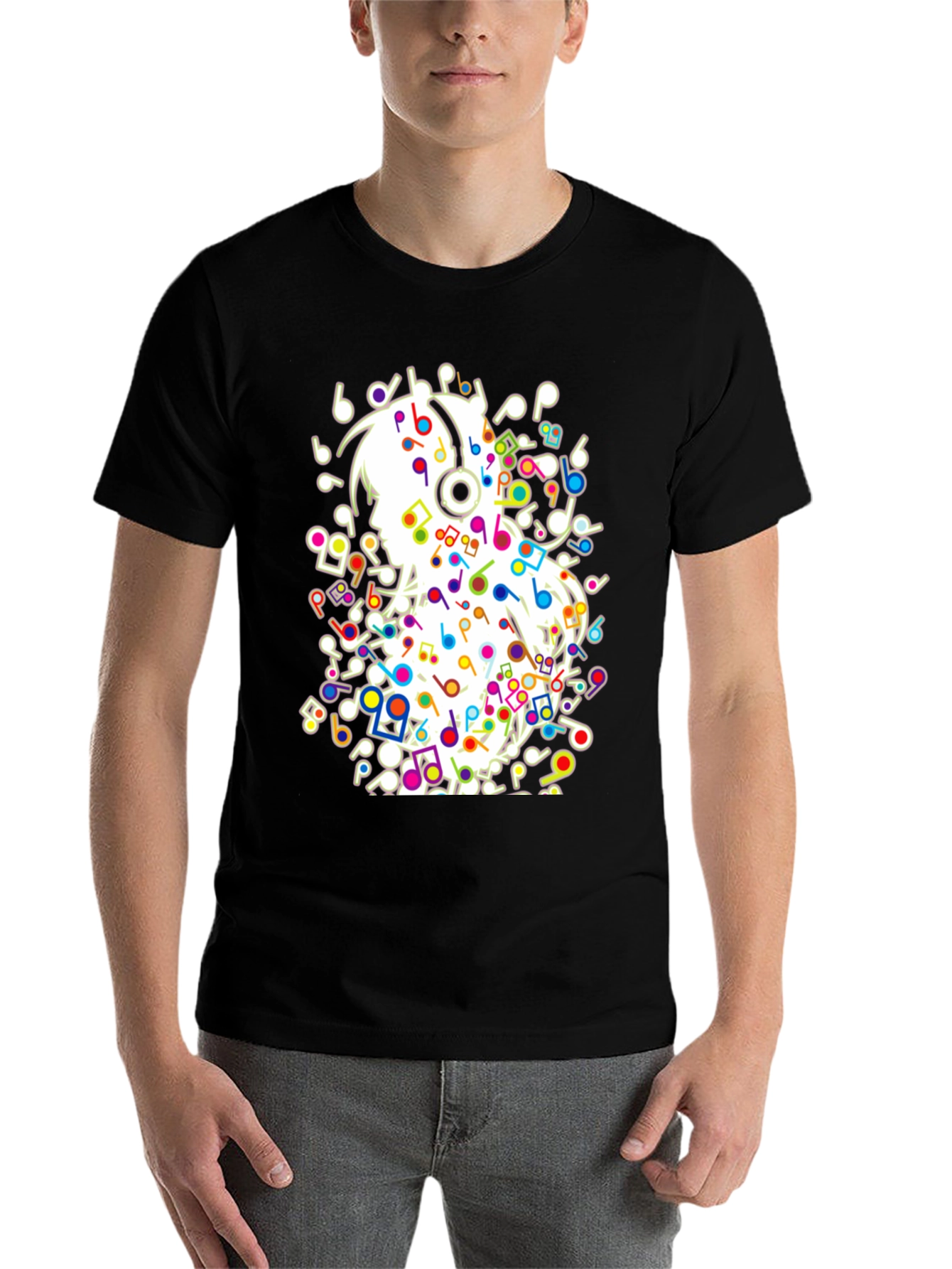 Black Musical Girl T-Shirt - Black Cotton Tee with Colorful Notes view 7