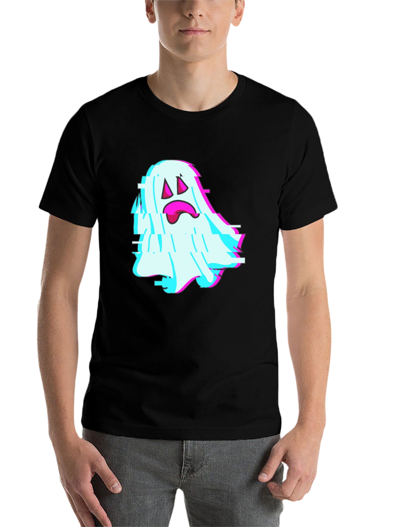 Black Glitch Ghost Graphic Tee - Soft Black Cotton Blend view 7