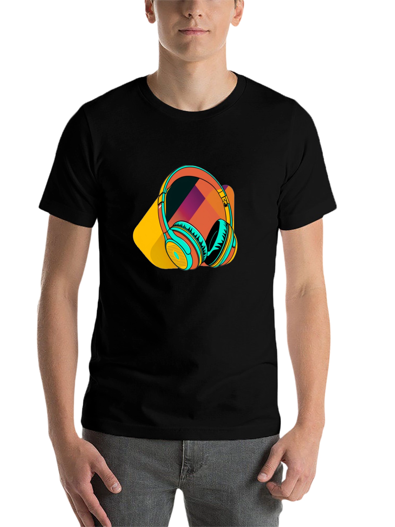 Black Stylish Black T-Shirt with Headphone Graphic view 7