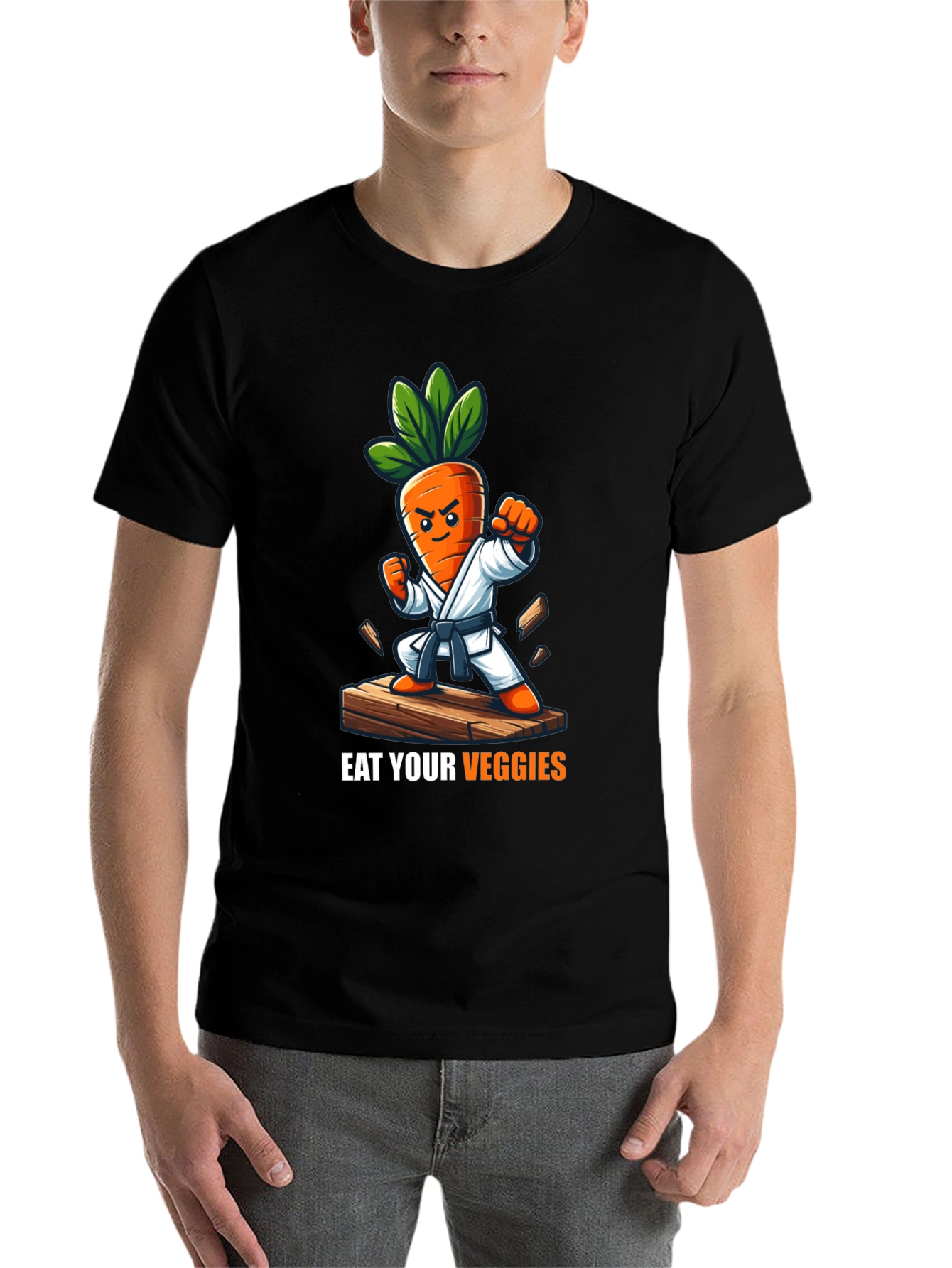Black Eat Your Veggies Karate Carrot T-Shirt view 7