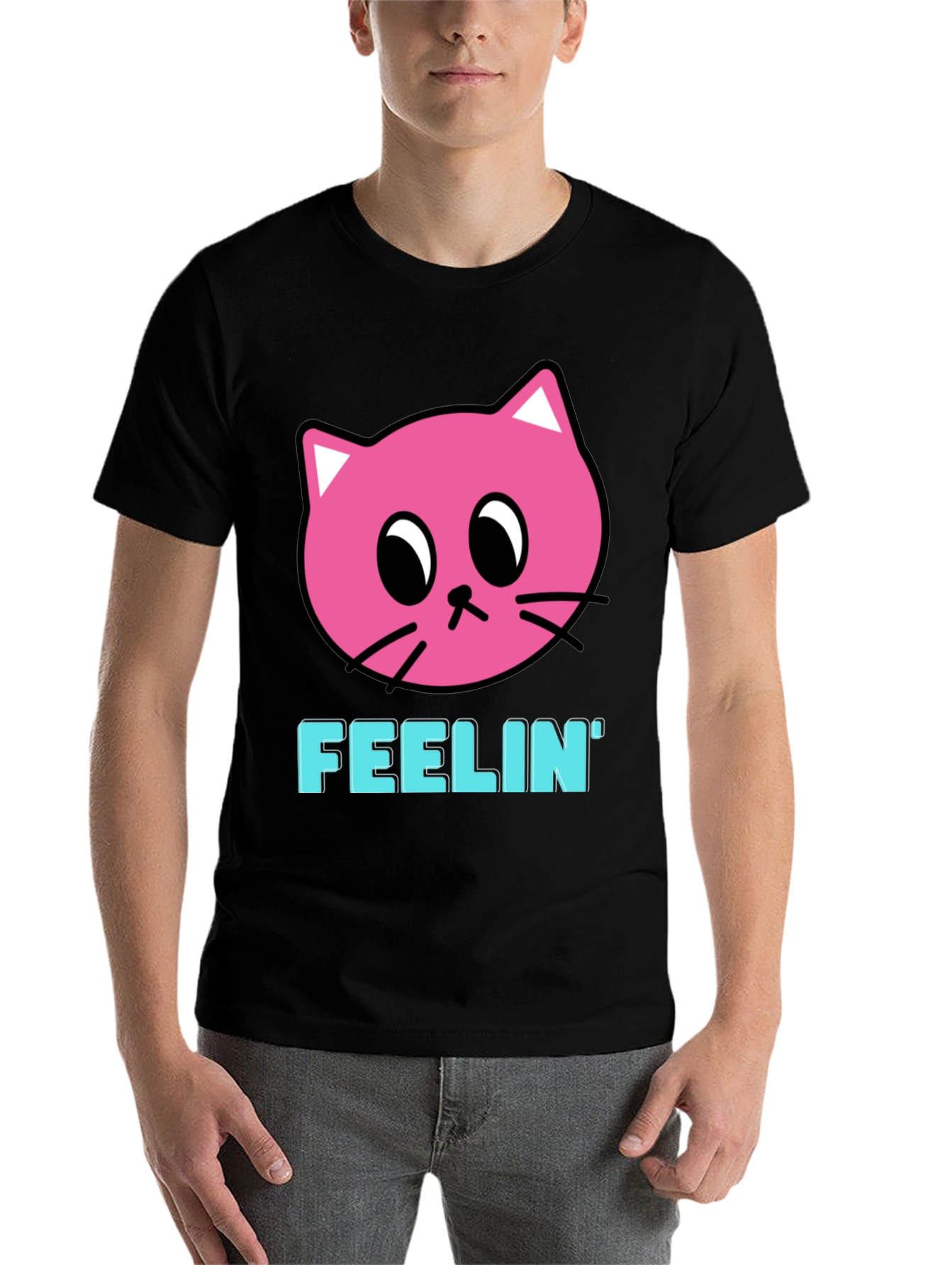 Black Feelin' Pink Cat Graphic Black T-Shirt view 7