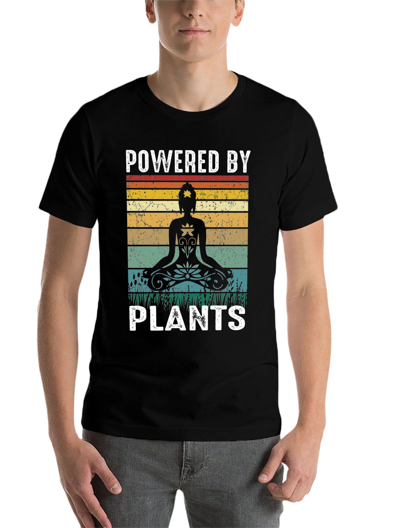 Black Powered by Plants Yoga Meditation Black T-Shirt view 7