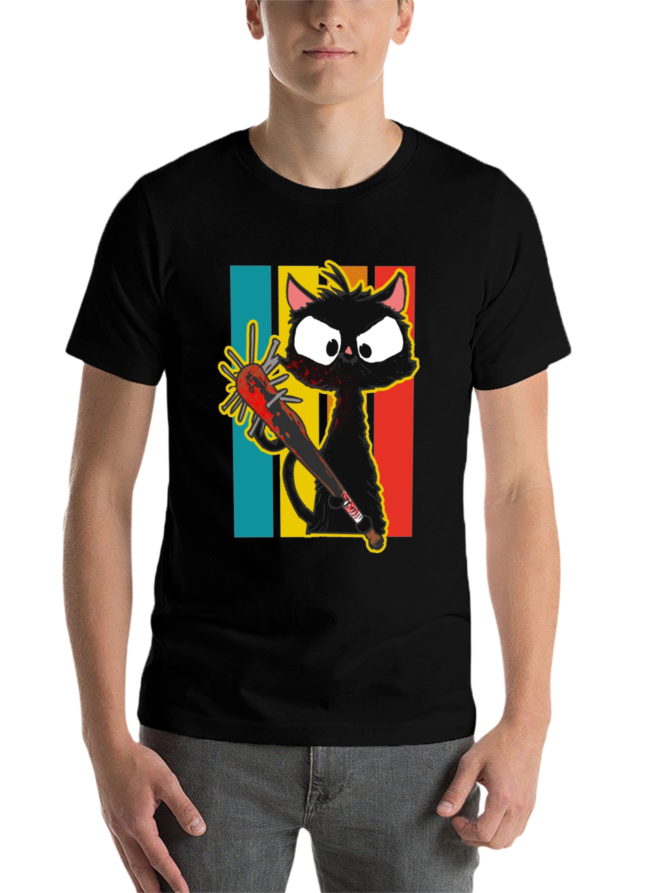Black Crazy Cat Baseball Bat Graphic T-Shirt view 7