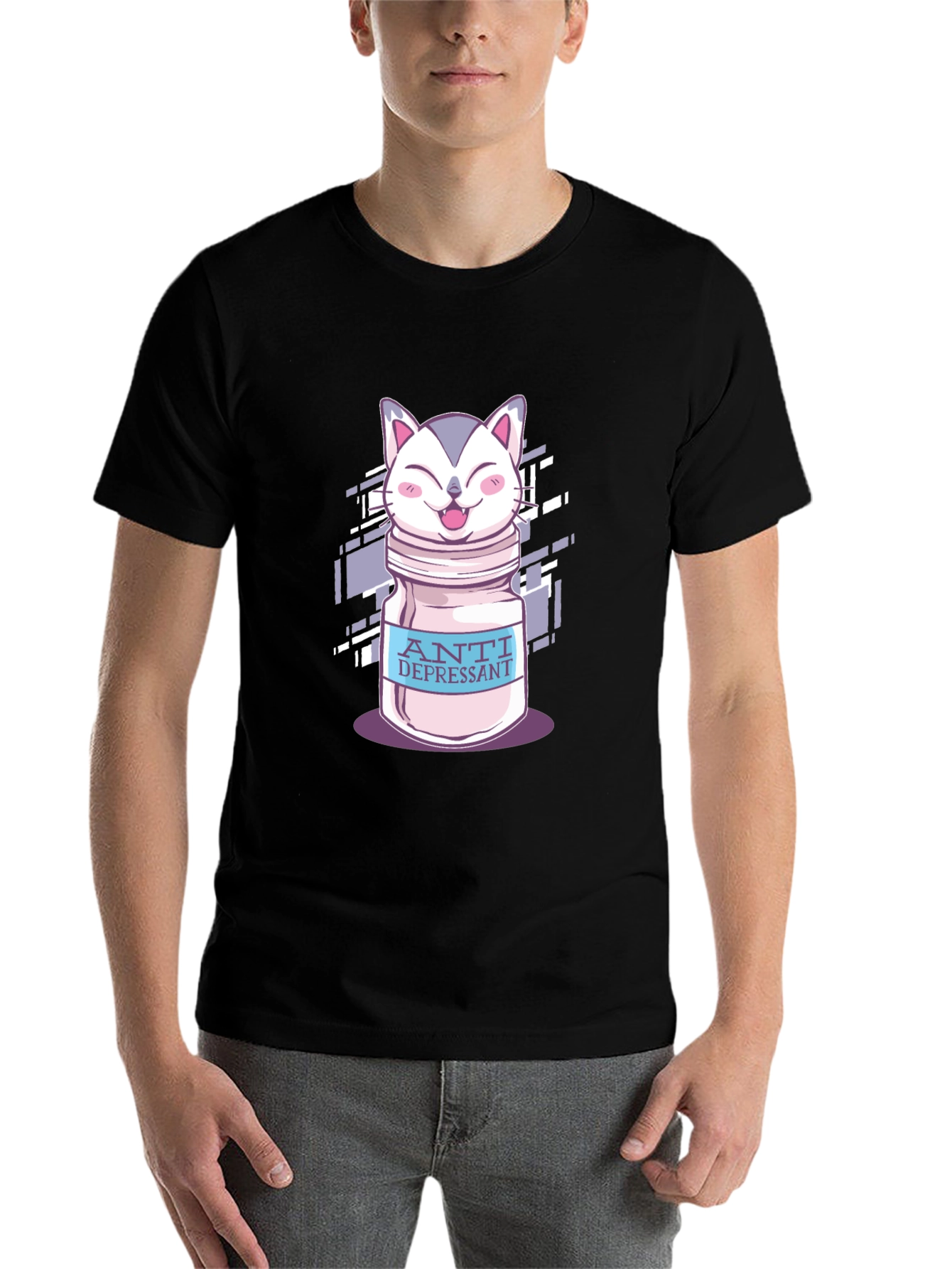 Black Anti Depressant Cat Graphic T-Shirt view 7