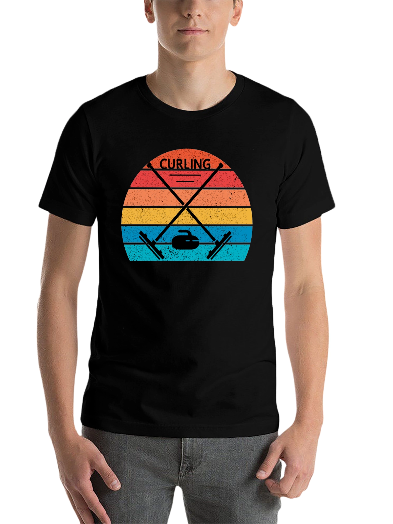 Black Retro Curling T-Shirt - Vintage Sunset Design view 7