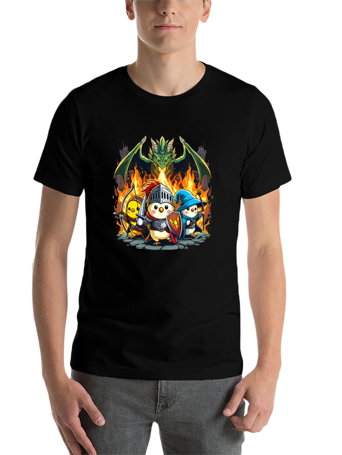 Black Fantasy Chickens Dragon T-Shirt view 7