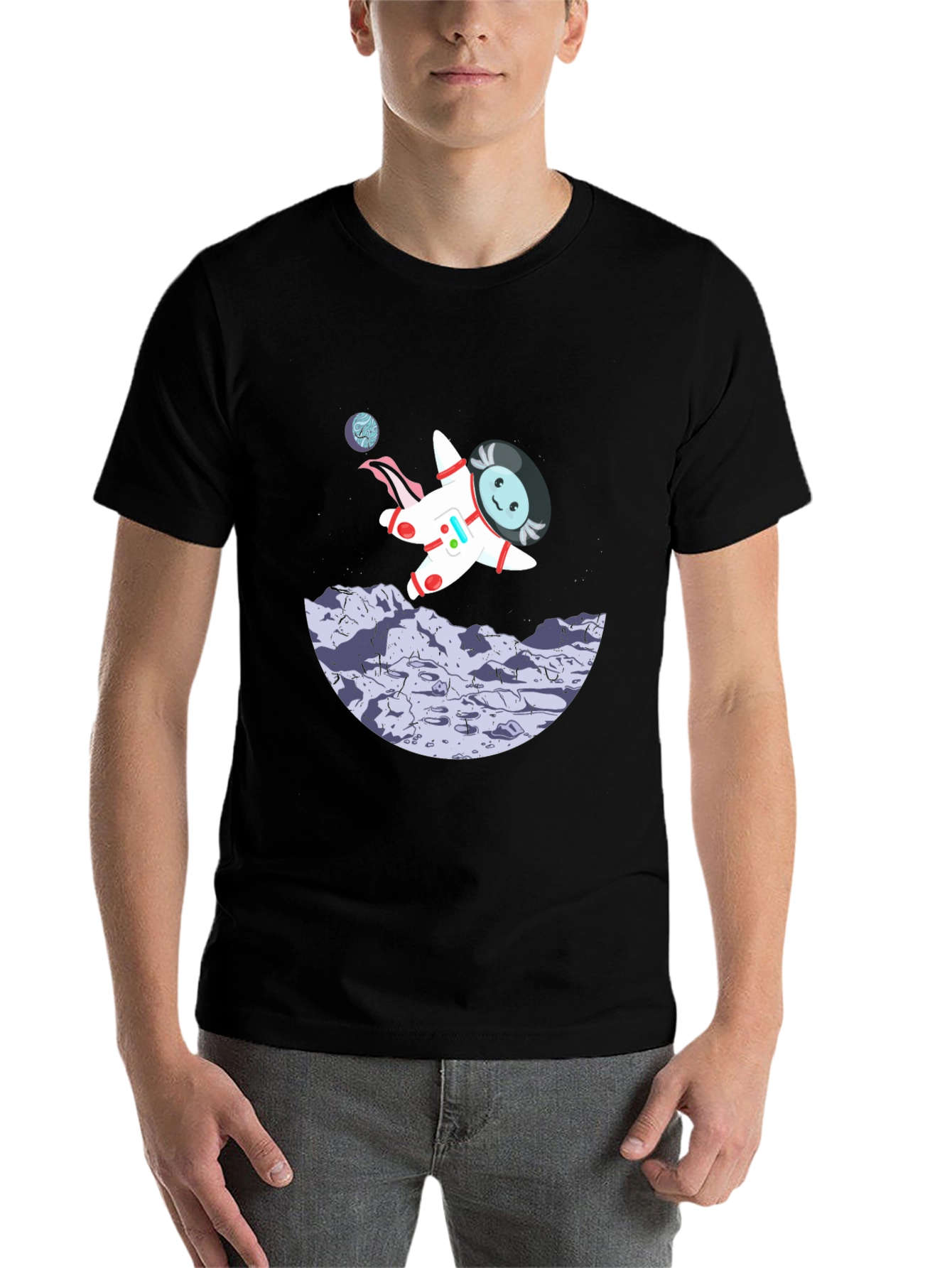 Black Astronaut Cartoon Graphic Black T-Shirt view 7