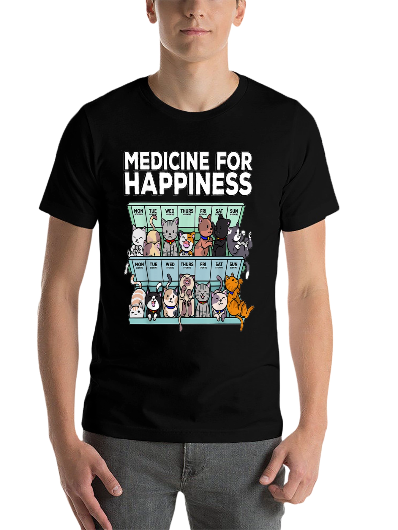 Black Medicine for Happiness Cat Pill Box Black T-Shirt view 7