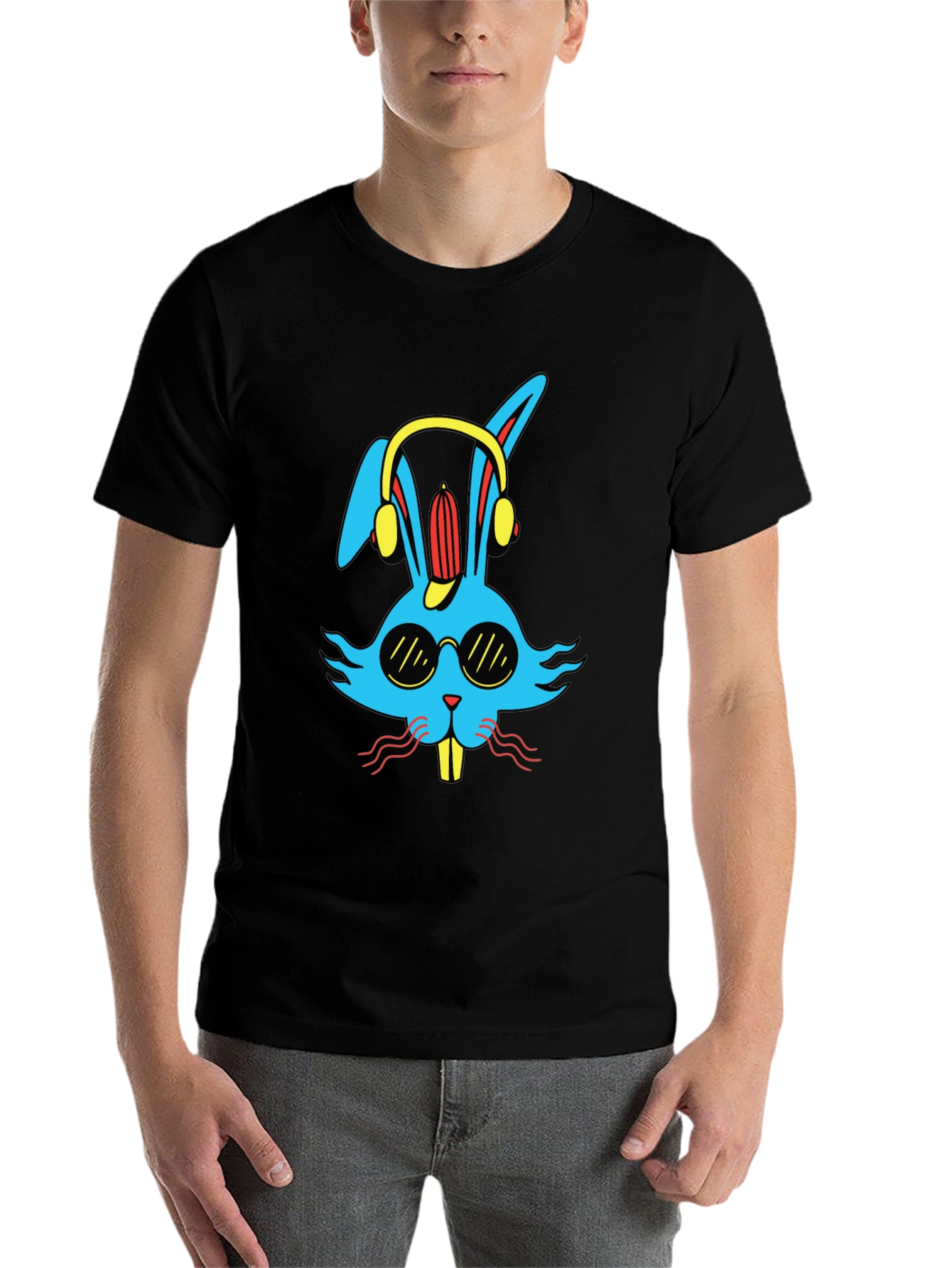 Black Cool Bunny Graphic Tee - Black Cotton Blend view 7