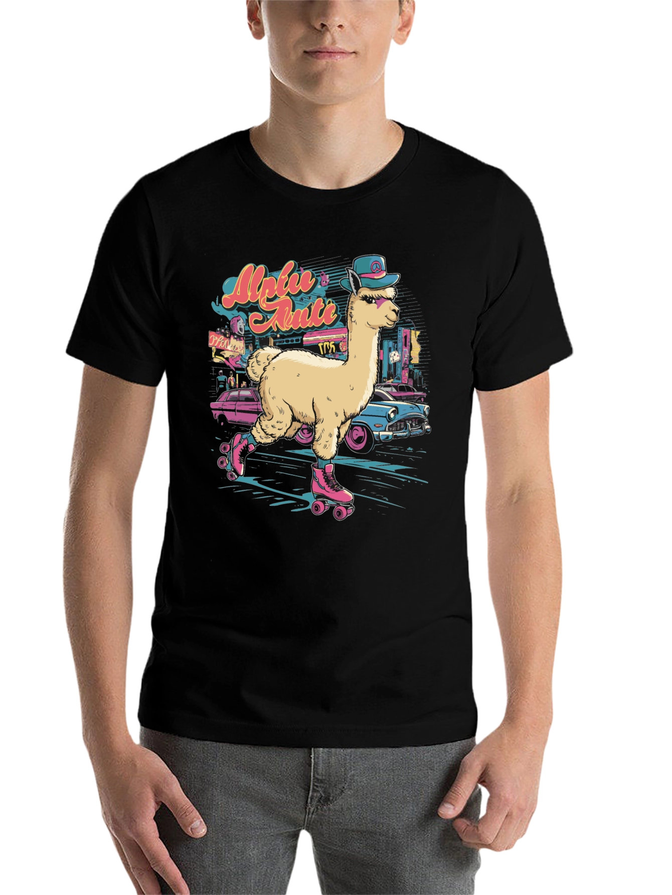 Black Retro Roller Skating Alpaca T-Shirt view 7
