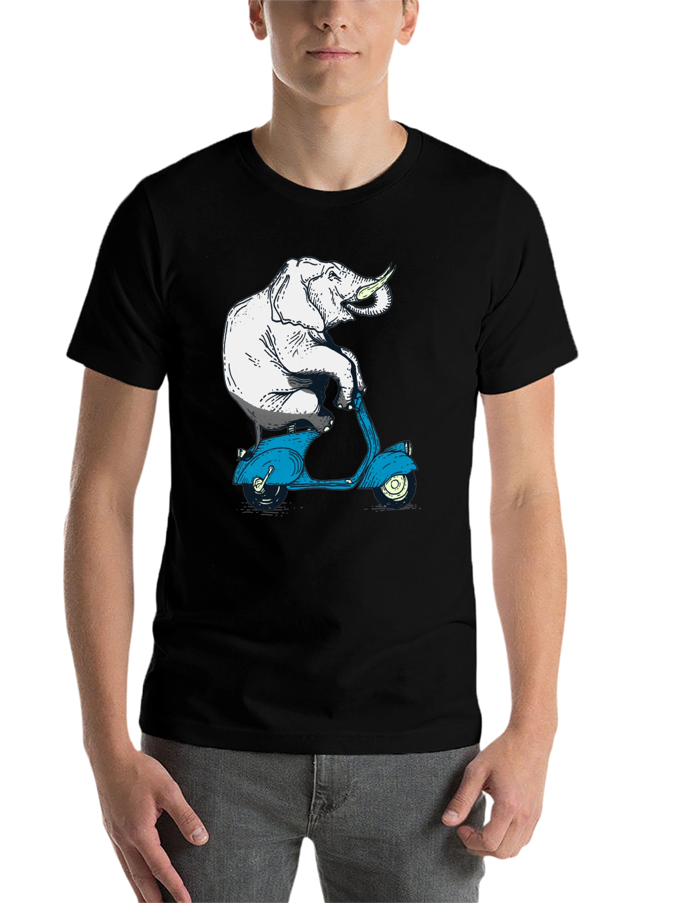 Black Elephant on Scooter Graphic Tee - Novelty Print T-Shirt view 7
