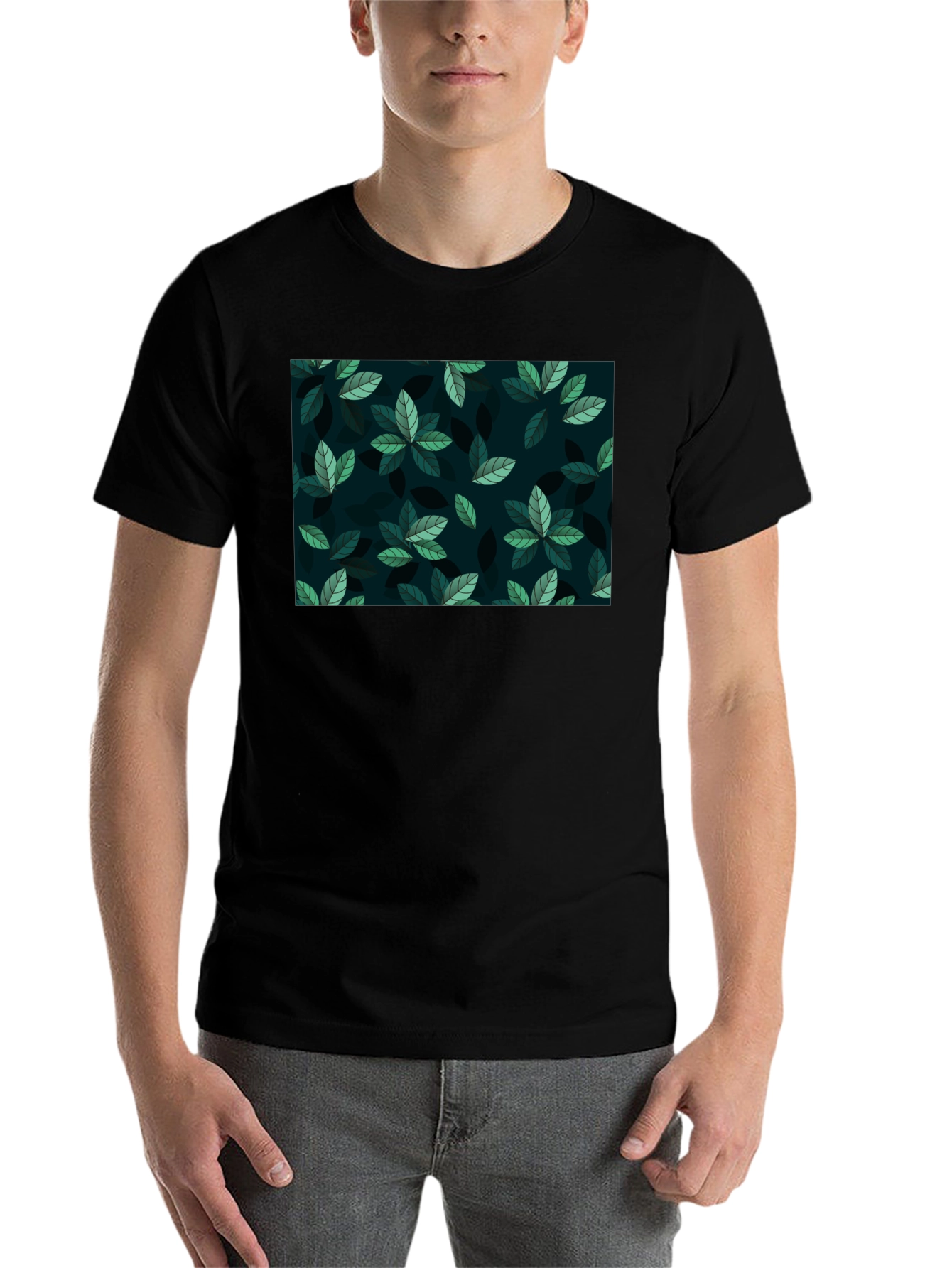 Black Leaf Pattern Crew Neck T-Shirt view 7