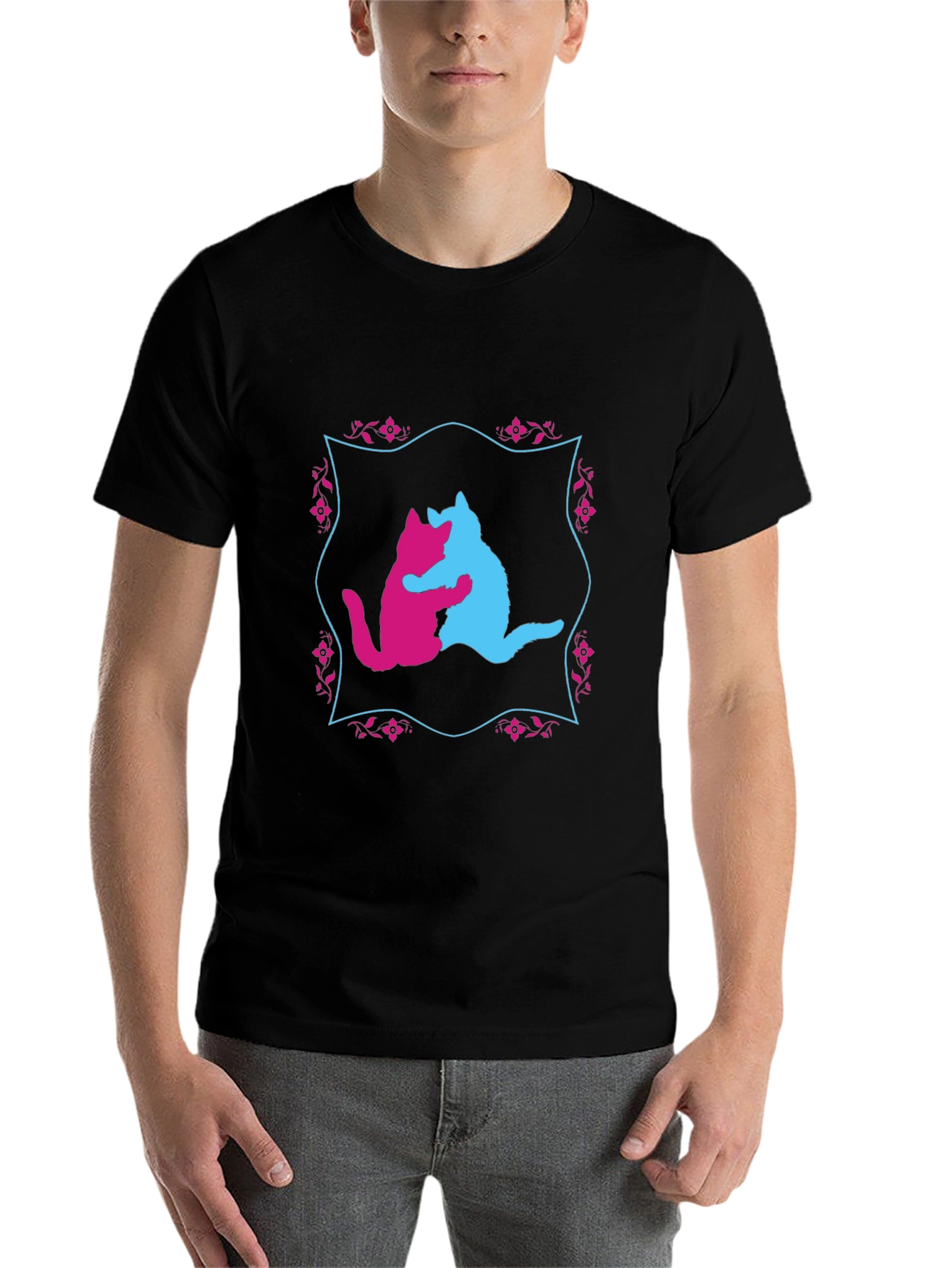 Black Hugging Cats Graphic T-Shirt - Unique Design view 7