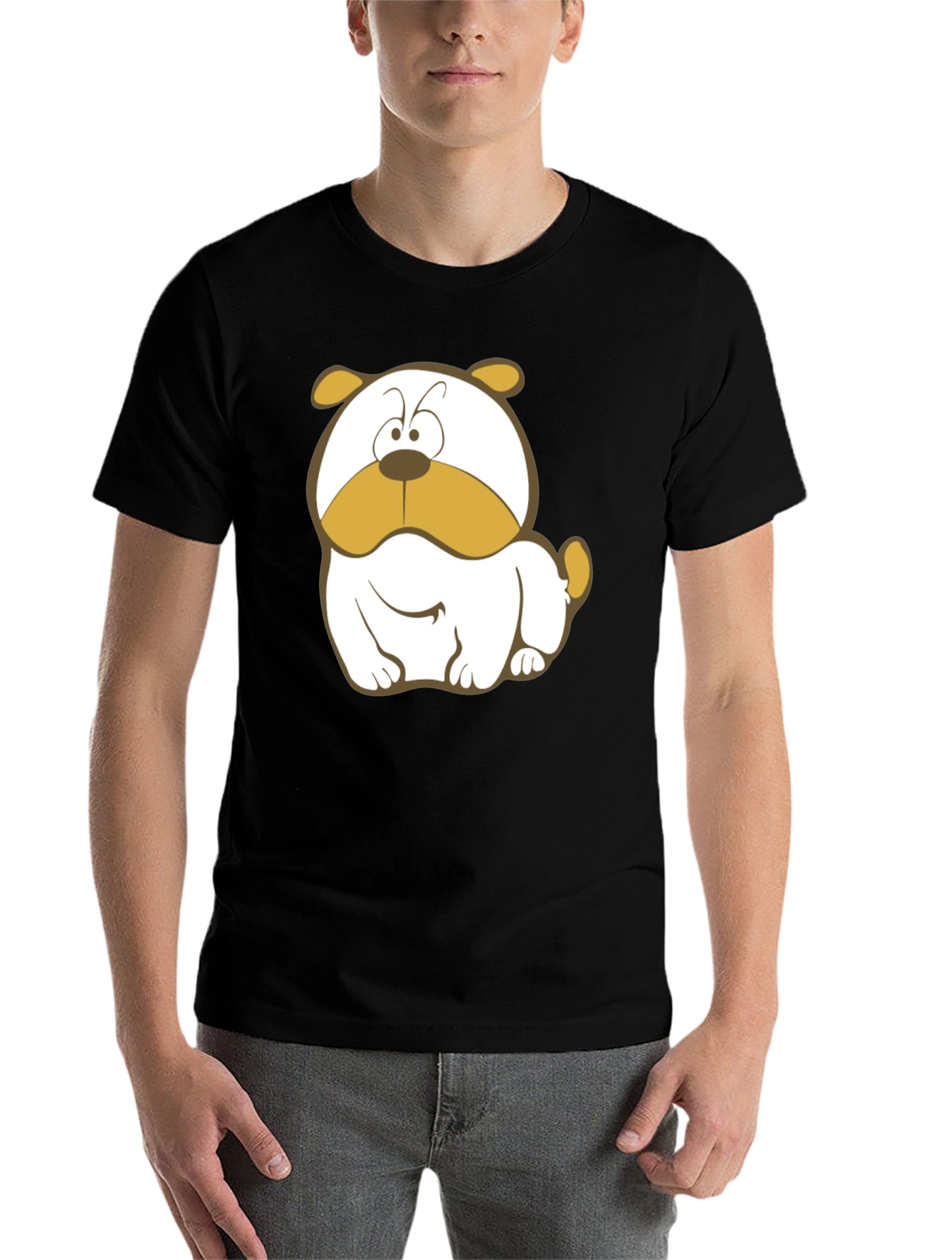 Black Cartoon Bulldog Graphic Tee - Black Cotton T-Shirt view 7