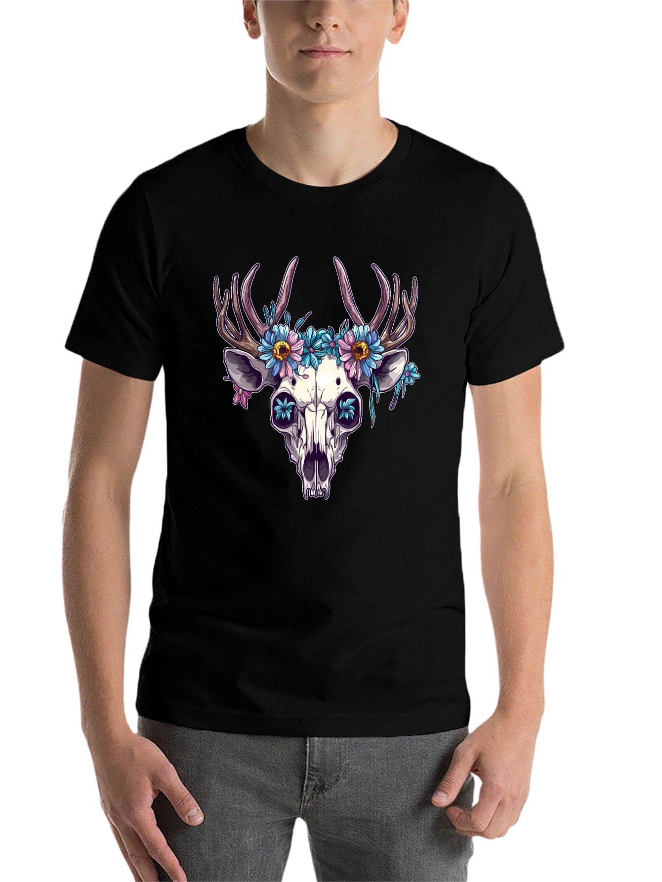 Black Floral Deer Skull Graphic Tee - Edgy Style view 7