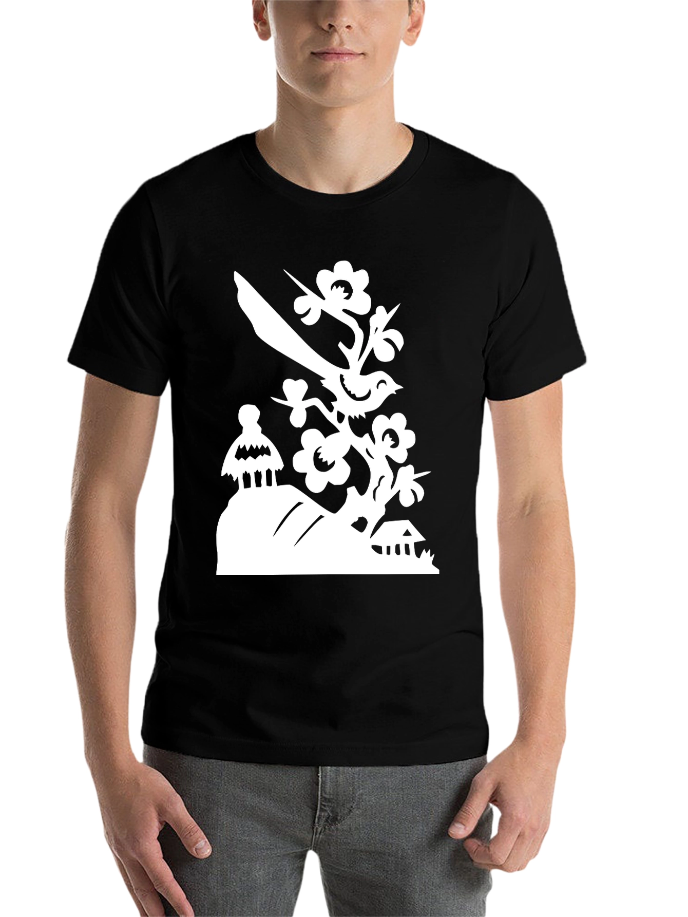 Black Bird on Branch T-Shirt - Black view 7