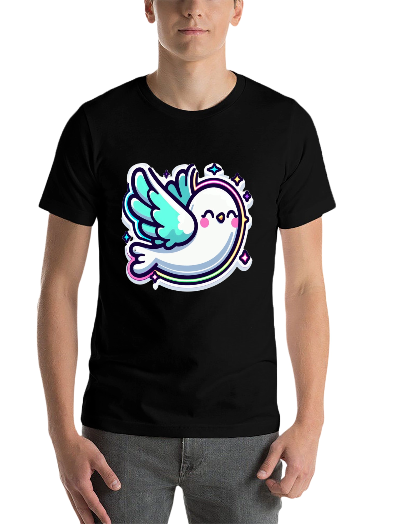 Black Cute Cartoon Dove Graphic Black T-Shirt view 7